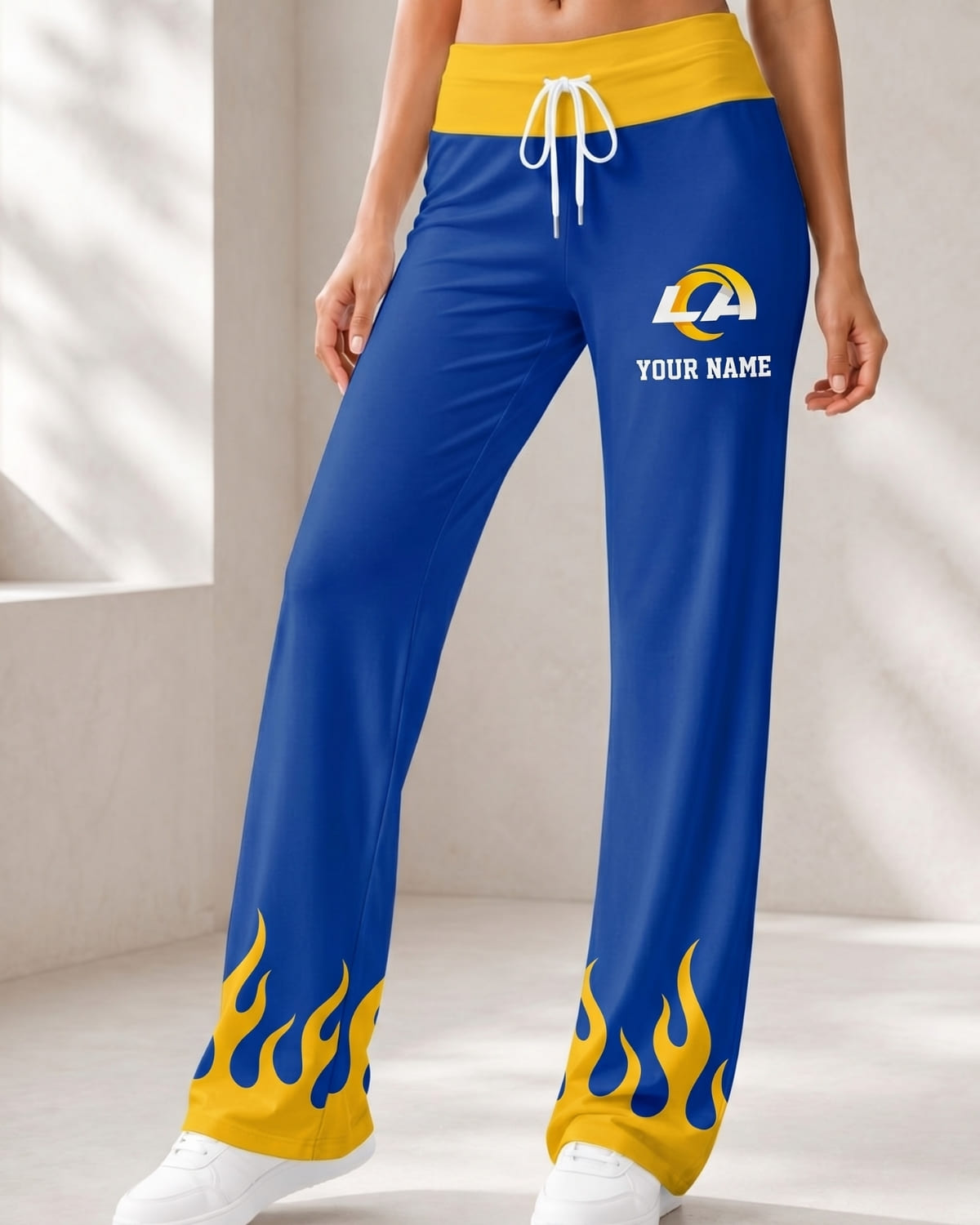 Personalized Los Angeles Rams Flame Hem Comfy Women’s Pants – Custom Name | NFL Fan Outfit