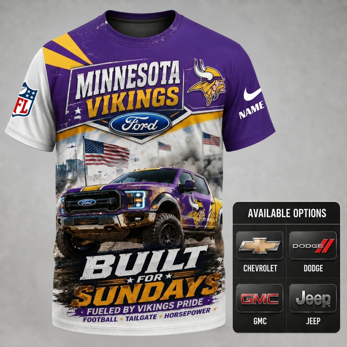 Personalized Minnesota Vikings Built for Sundays Unisex T-Shirt – Custom Name & Vehicle | NFL Fan Outfit