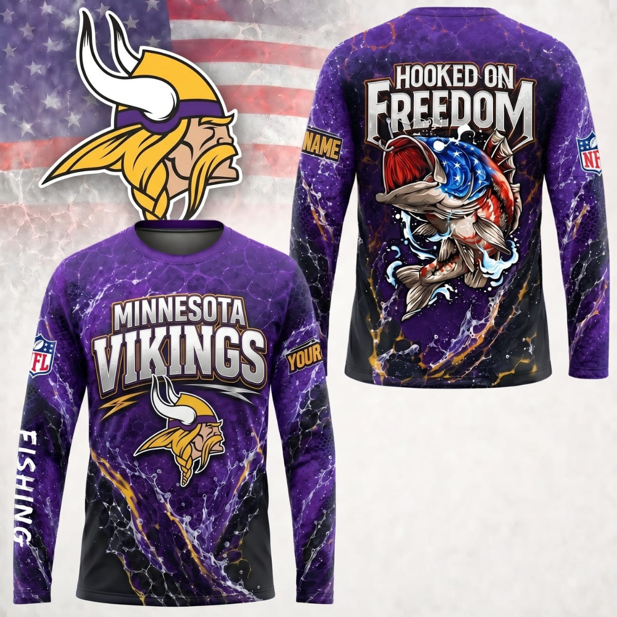 Personalized Minnesota Vikings Hooked on Freedom Long Sleeve Shirt – Custom Name | NFL x Fishing