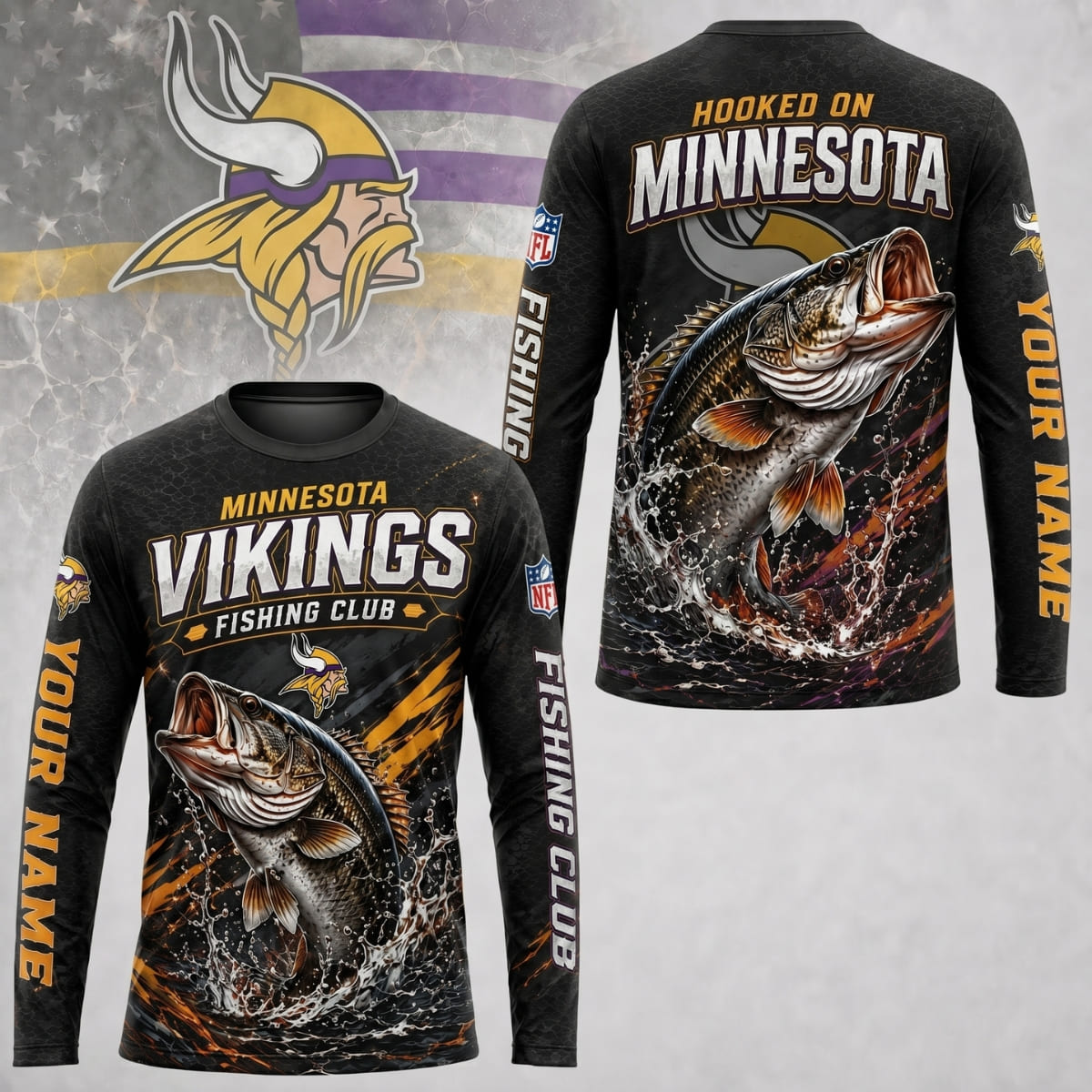 Personalized Minnesota Vikings Fishing Club Long Sleeve Shirt – Custom Name | NFL x Fishing