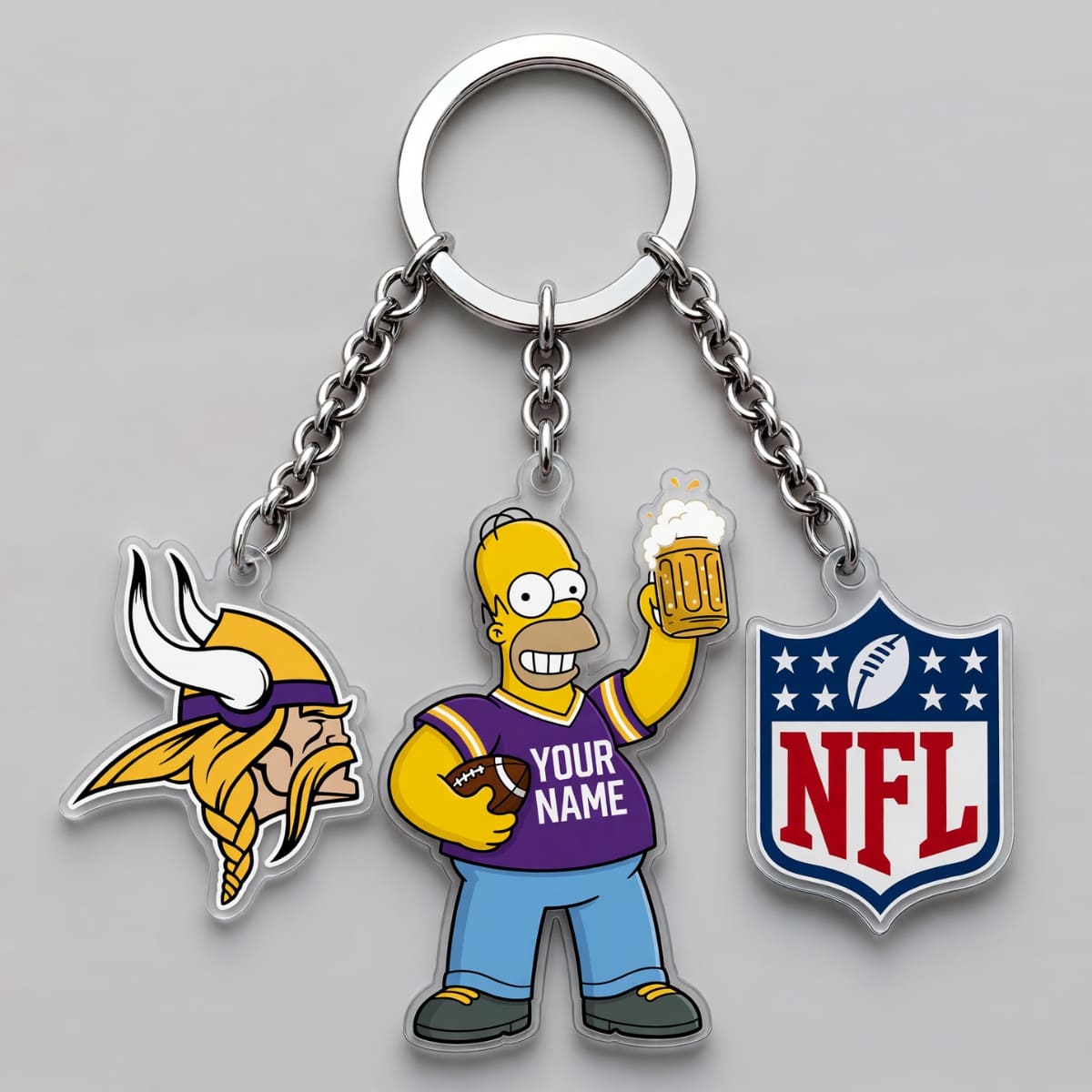 Personalized Minnesota Vikings x The Simpsons Triple Charm Keychain – Custom Name | NFL Fan Gift