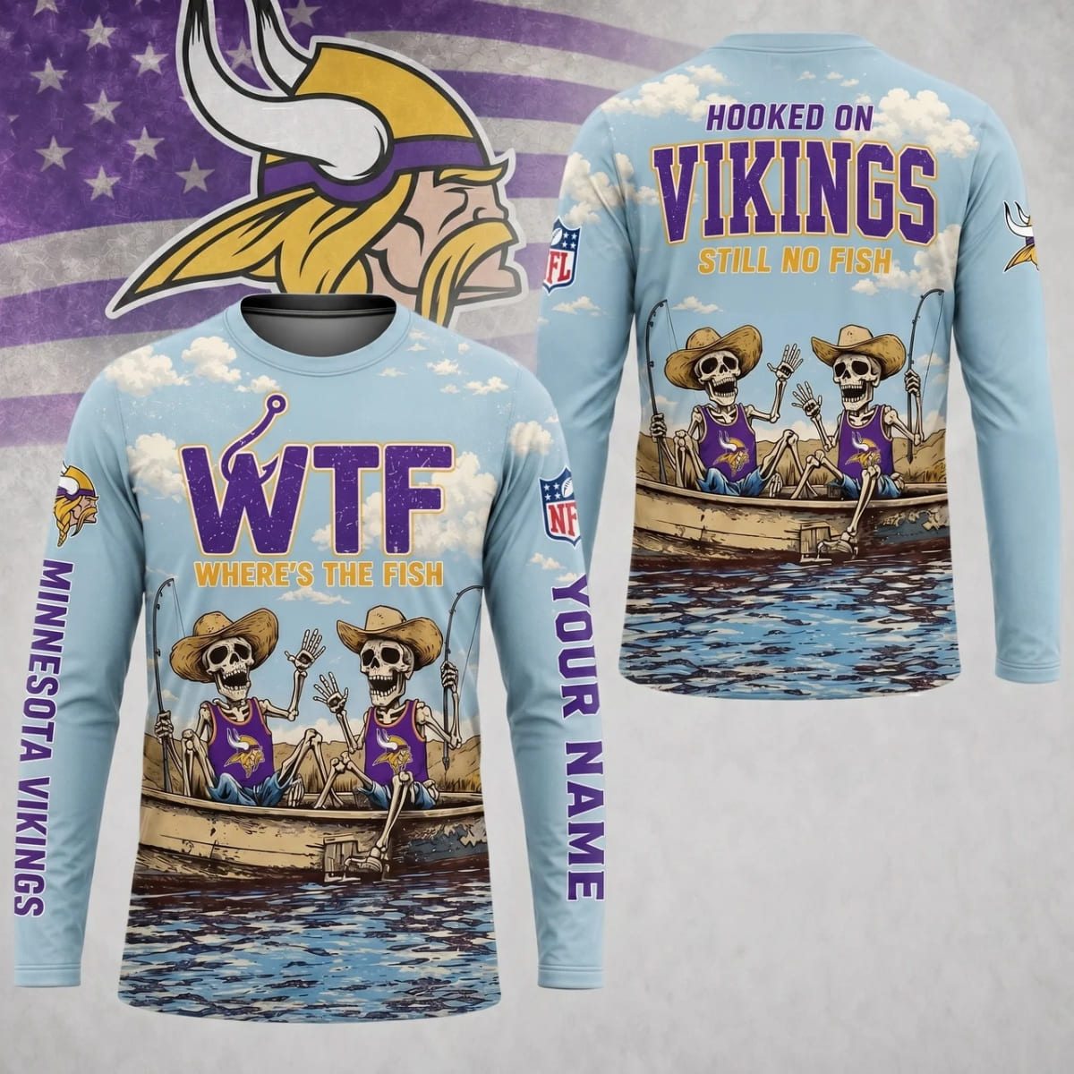 Personalized Minnesota Vikings Where’s The Fish Long Sleeve Shirt – Custom Name | NFL x Fishing