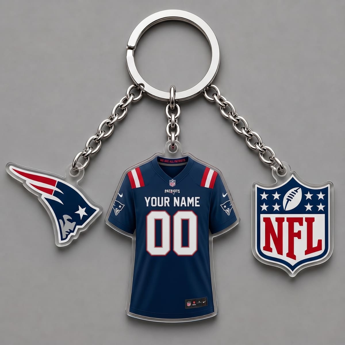 Personalized New England Patriots Triple Charm Jersey Keychain – Custom Name & Number | NFL Fan Gift