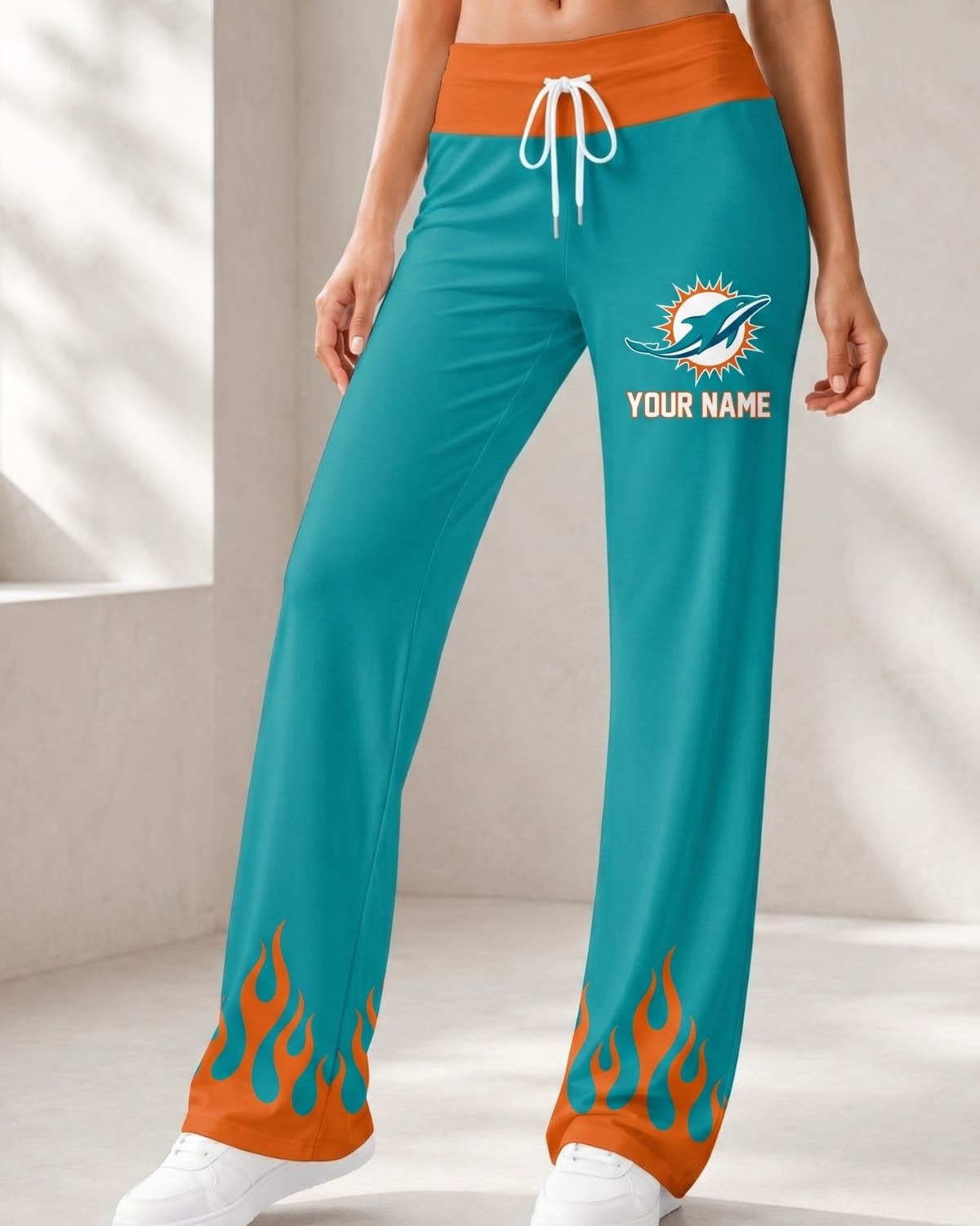 Personalized Miami Dolphins Flame Hem Comfy Women’s Pants – Custom Name | NFL Fan Outfit