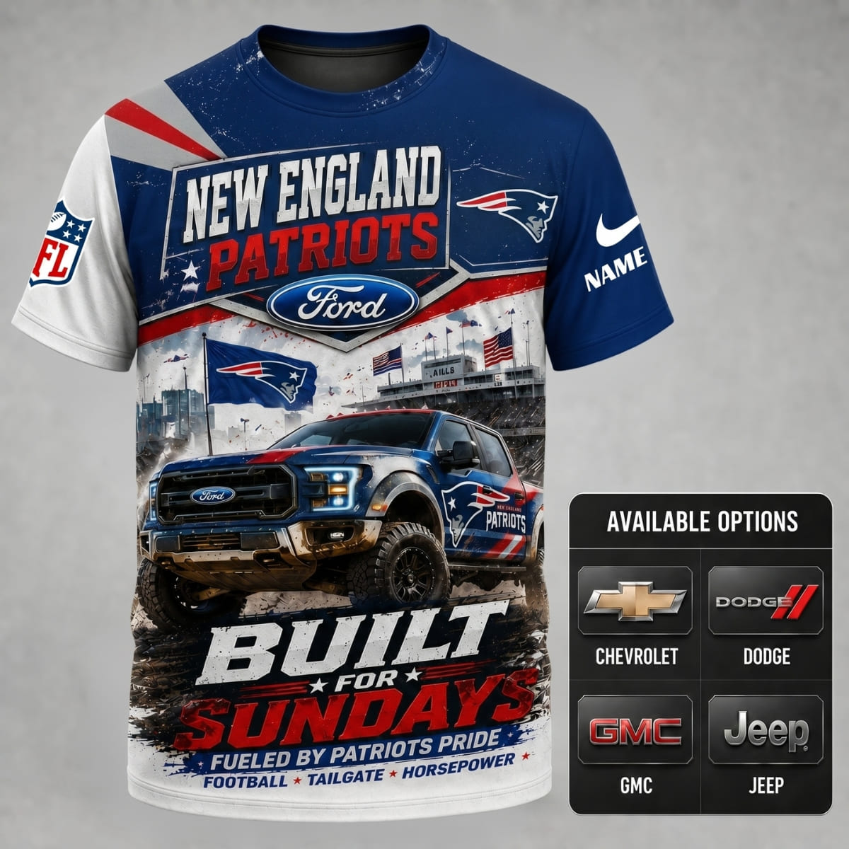 Personalized New England Patriots Built for Sundays Unisex T-Shirt – Custom Name & Vehicle | NFL Fan Outfit