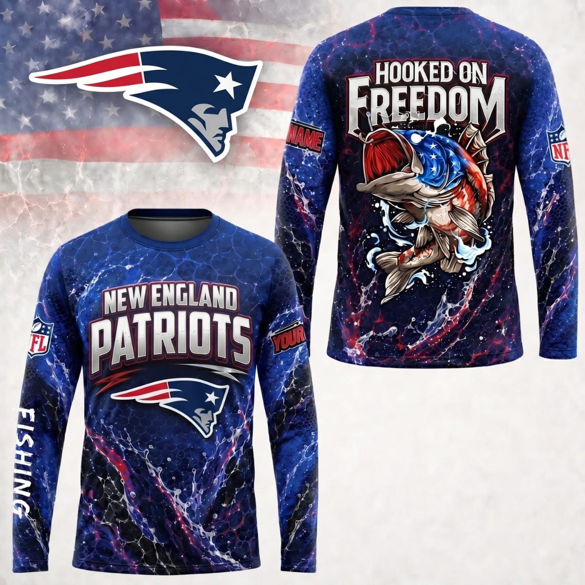 Personalized New England Patriots Hooked on Freedom Long Sleeve Shirt – Custom Name | NFL x Fishing