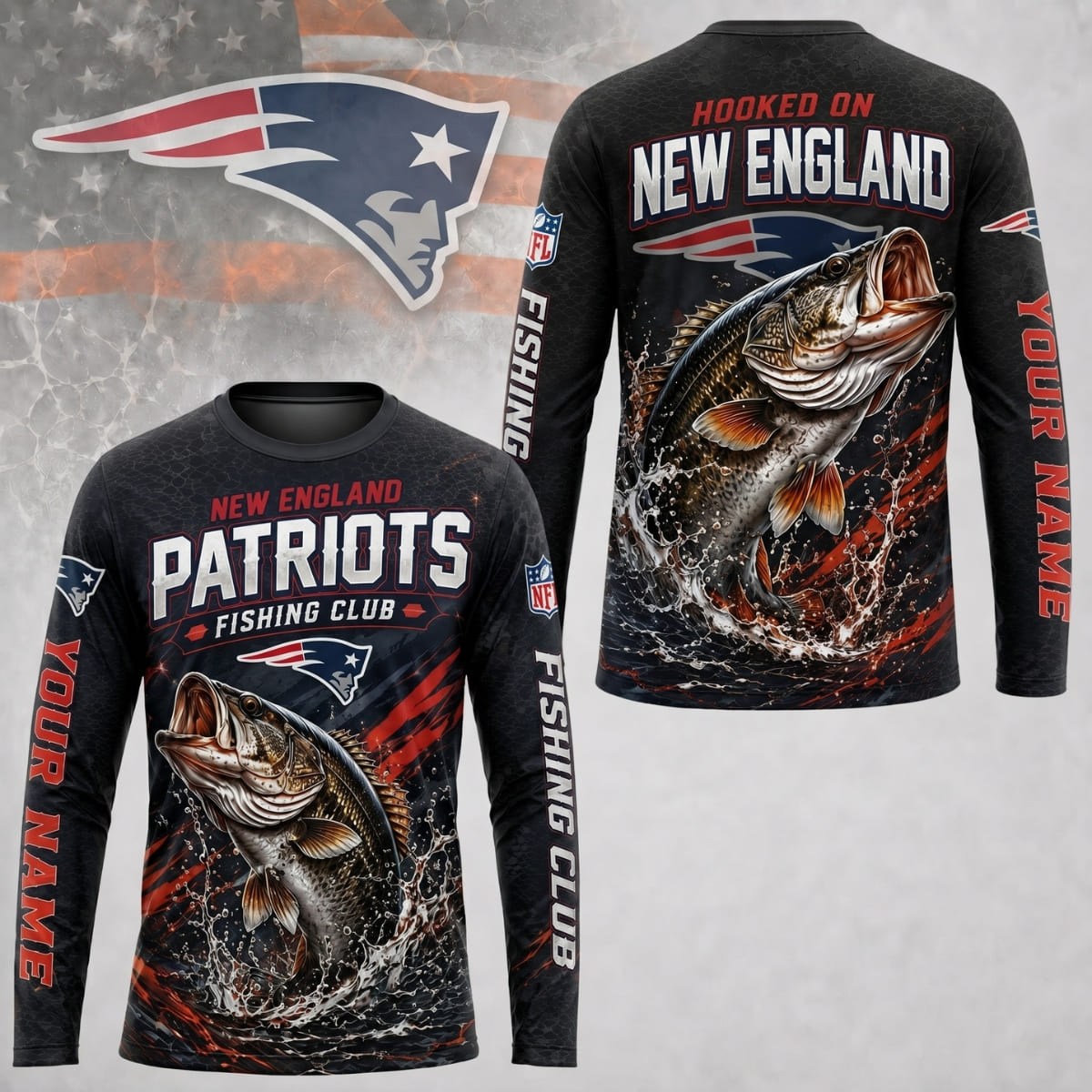 Personalized New England Patriots Fishing Club Long Sleeve Shirt – Custom Name | NFL x Fishing