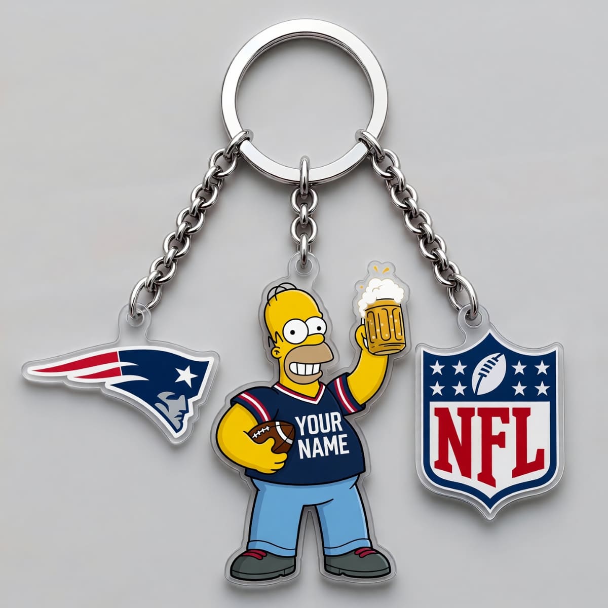 Personalized New England Patriots x The Simpsons Triple Charm Keychain – Custom Name | NFL Fan Gift