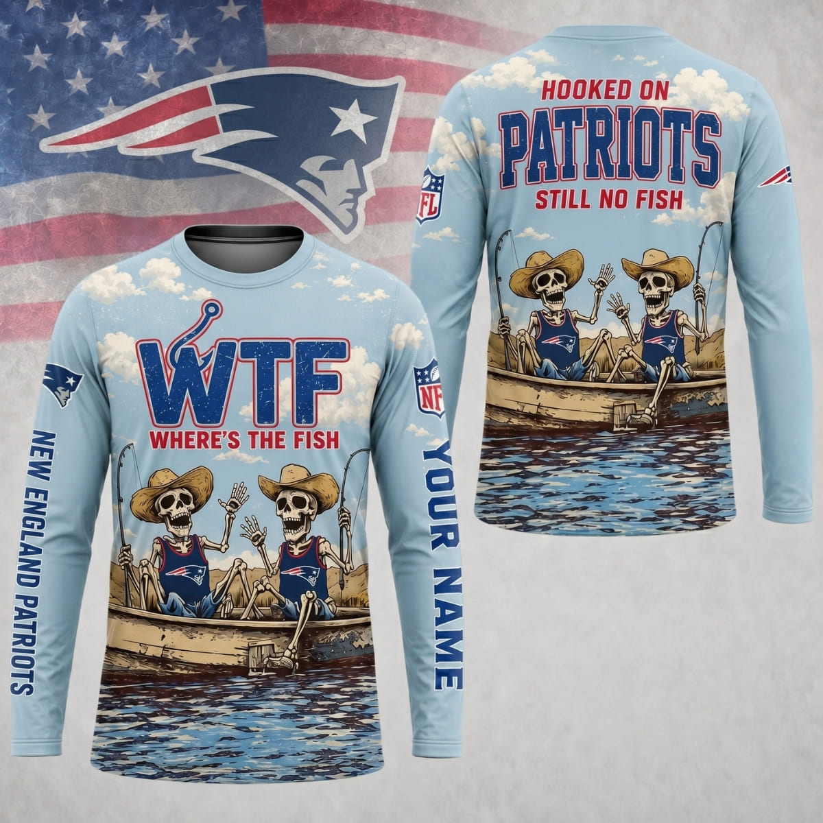 Personalized New England Patriots Where’s The Fish Long Sleeve Shirt – Custom Name | NFL x Fishing