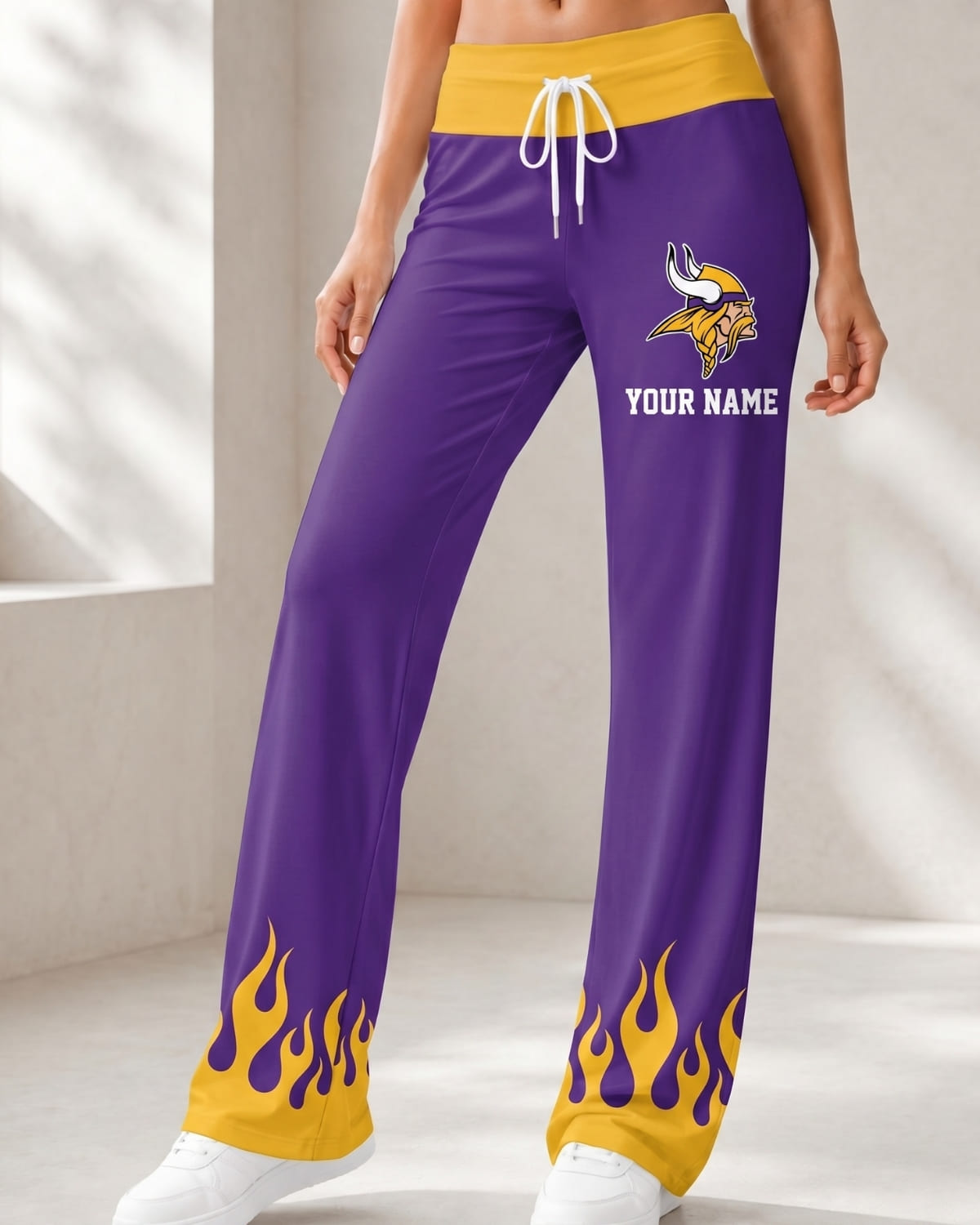 Personalized Minnesota Vikings Flame Hem Comfy Women’s Pants – Custom Name | NFL Fan Outfit