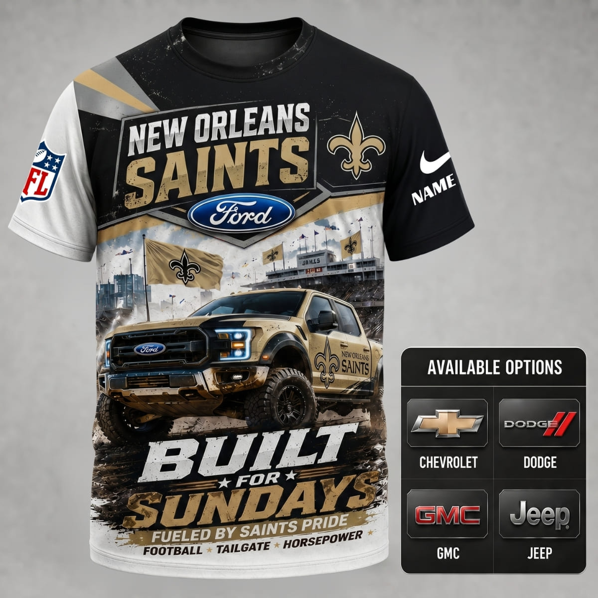 Personalized New Orleans Saints Built for Sundays Unisex T-Shirt – Custom Name & Vehicle | NFL Fan Outfit