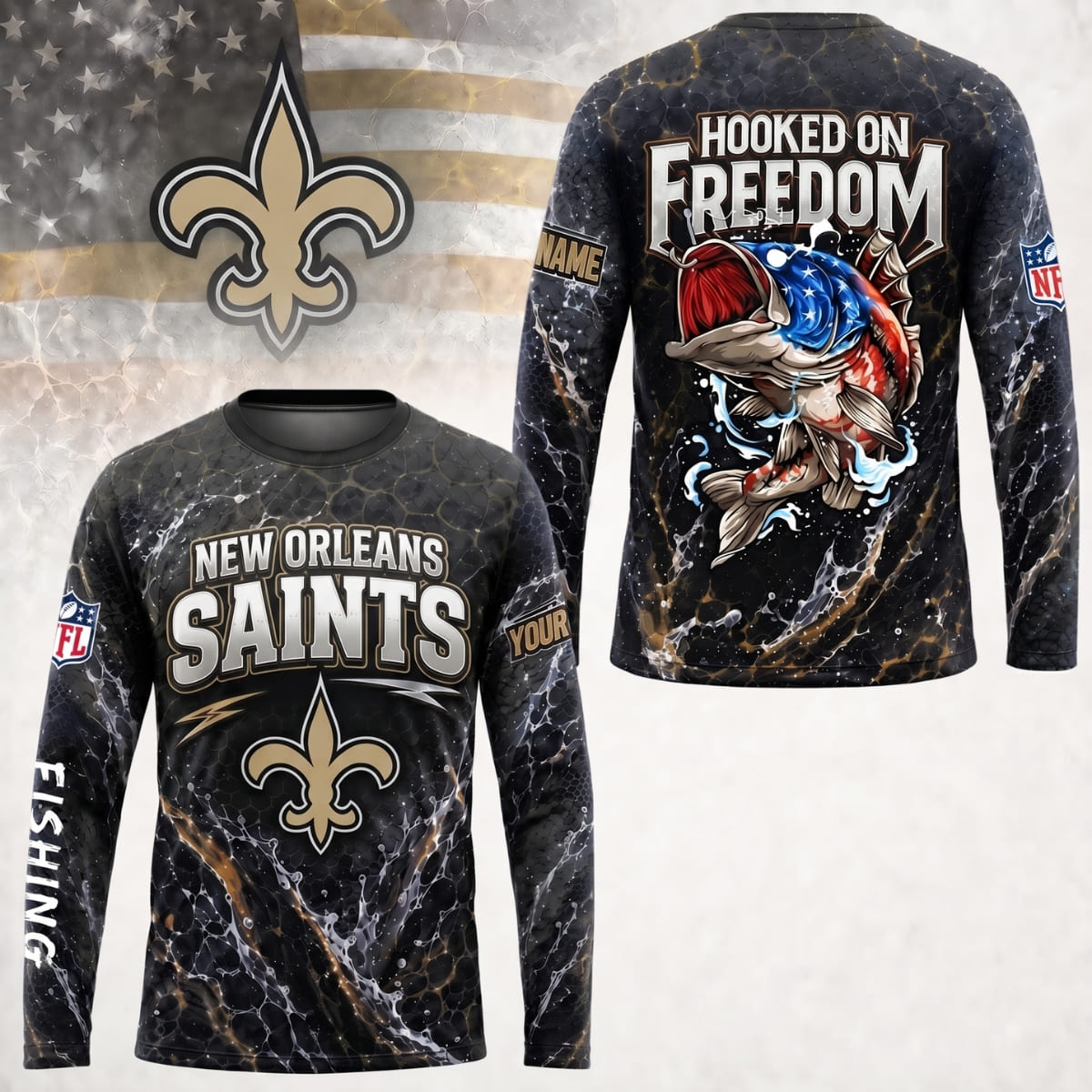 Personalized New Orleans Saints Hooked on Freedom Long Sleeve Shirt – Custom Name | NFL x Fishing