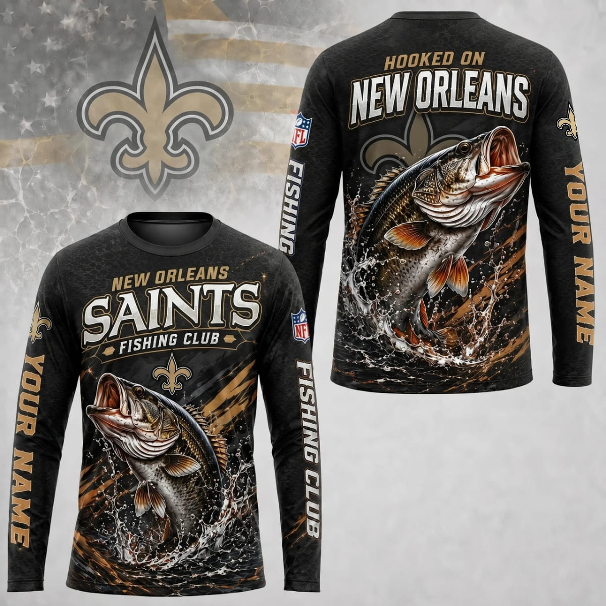 Personalized New Orleans Saints Fishing Club Long Sleeve Shirt – Custom Name | NFL x Fishing
