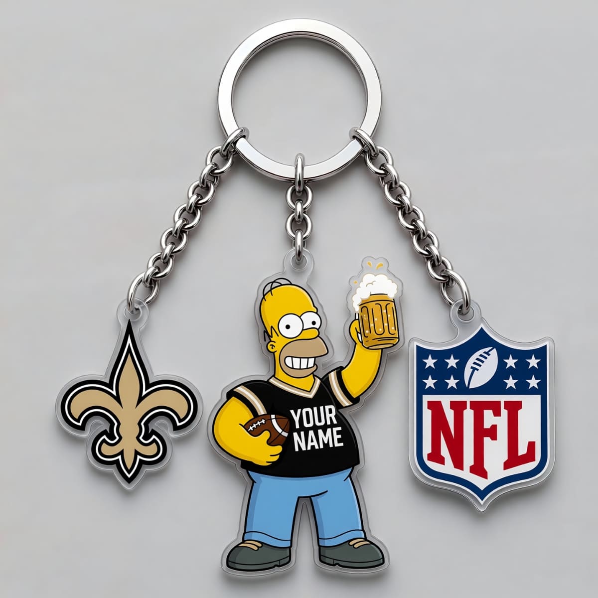 Personalized New Orleans Saints x The Simpsons Triple Charm Keychain – Custom Name | NFL Fan Gift