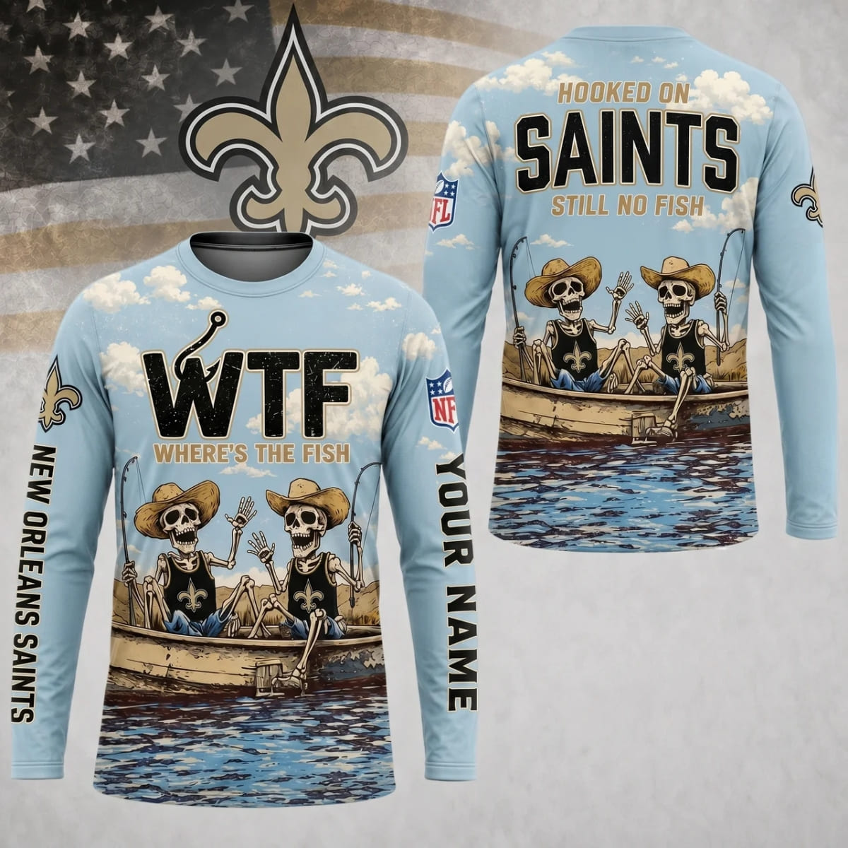Personalized New Orleans Saints Where’s The Fish Long Sleeve Shirt – Custom Name | NFL x Fishing