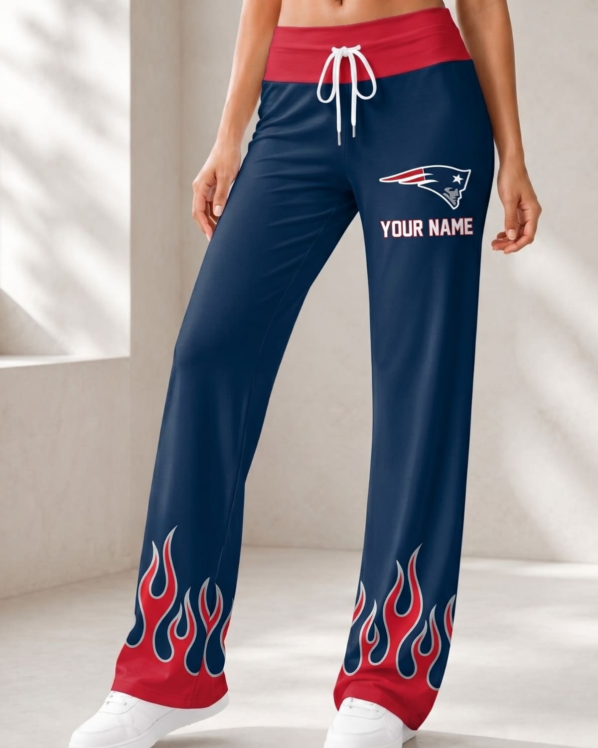 Personalized New England Patriots Flame Hem Comfy Women’s Pants – Custom Name | NFL Fan Outfit