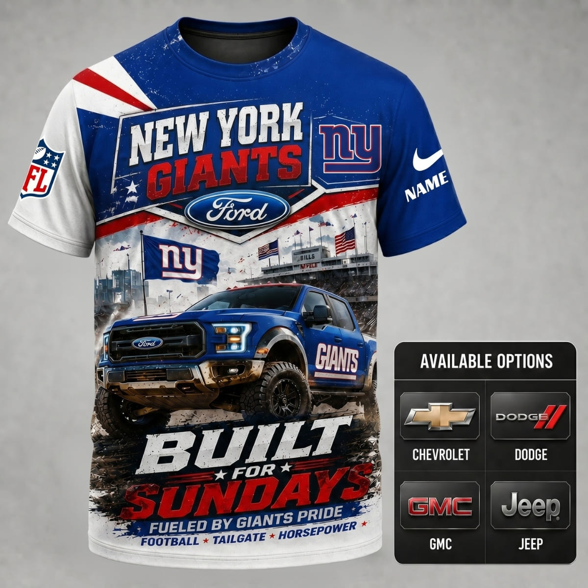 Personalized New York Giants Built for Sundays Unisex T-Shirt – Custom Name & Vehicle | NFL Fan Outfit