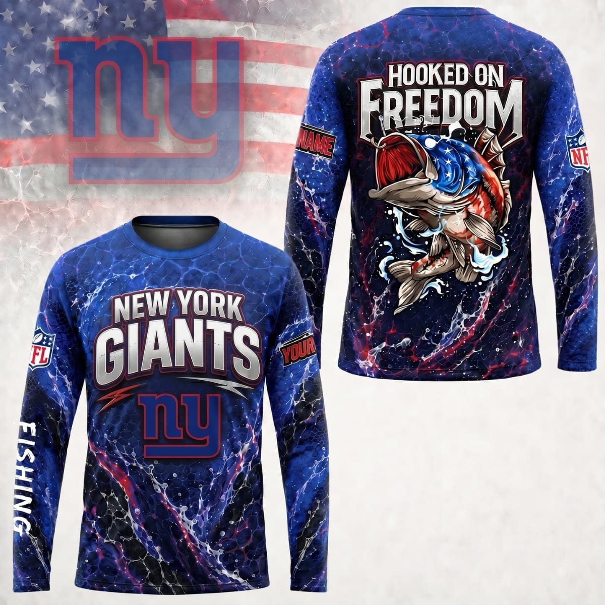 Personalized New York Giants Hooked on Freedom Long Sleeve Shirt – Custom Name | NFL x Fishing