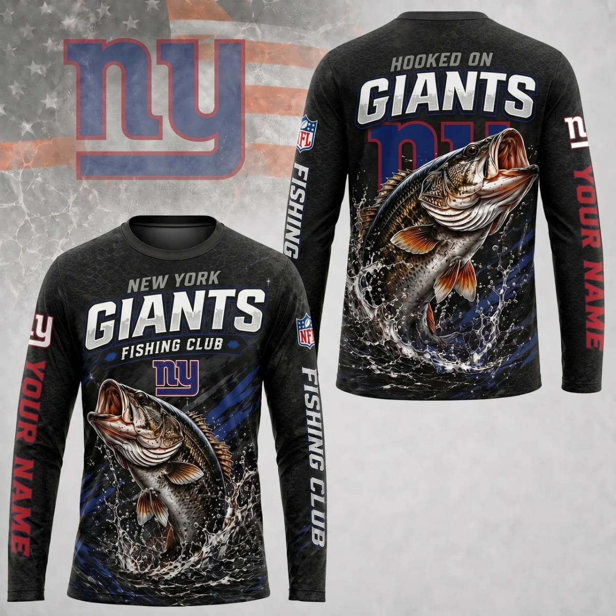 Personalized New York Giants Fishing Club Long Sleeve Shirt – Custom Name | NFL x Fishing