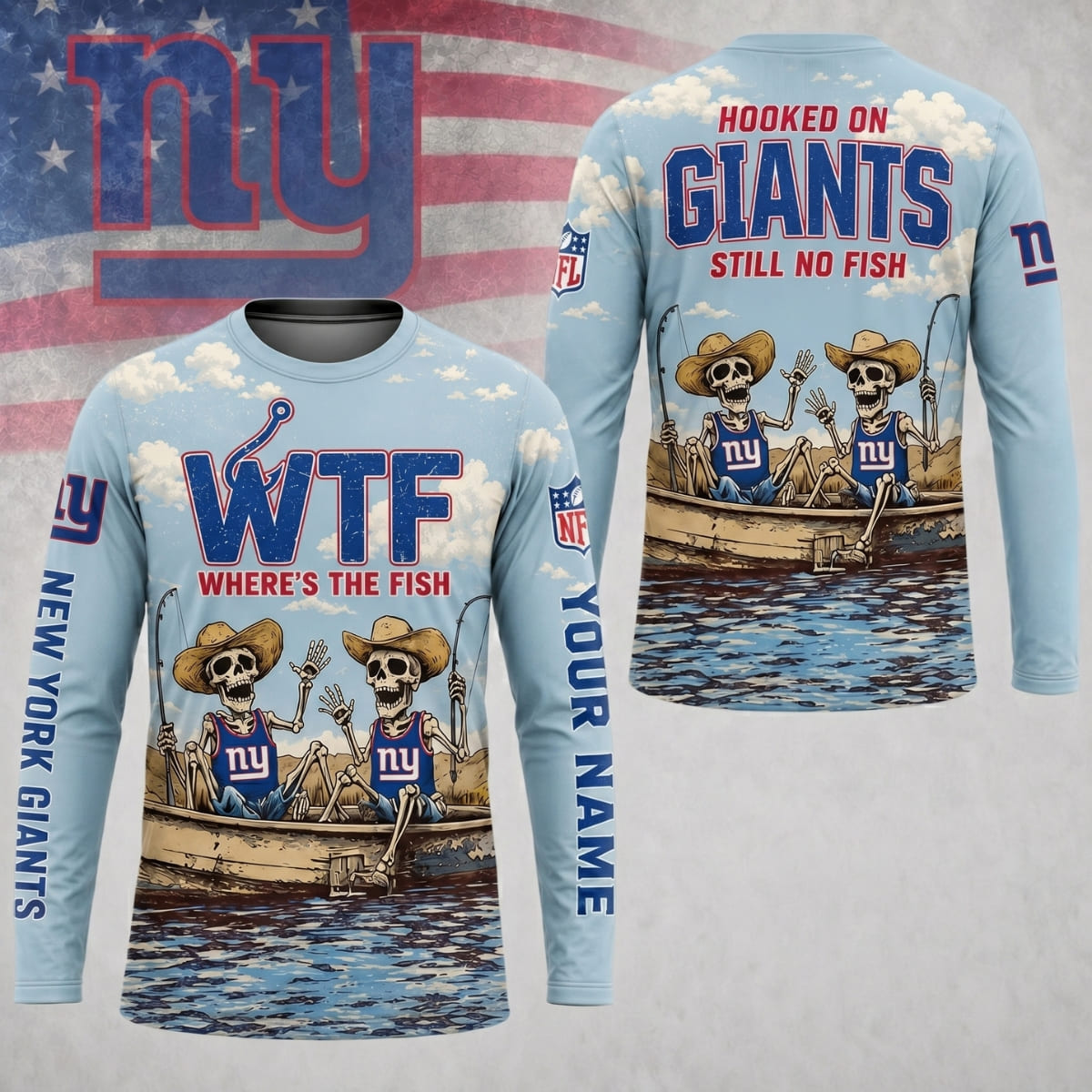 Personalized New York Giants Where’s The Fish Long Sleeve Shirt – Custom Name | NFL x Fishing
