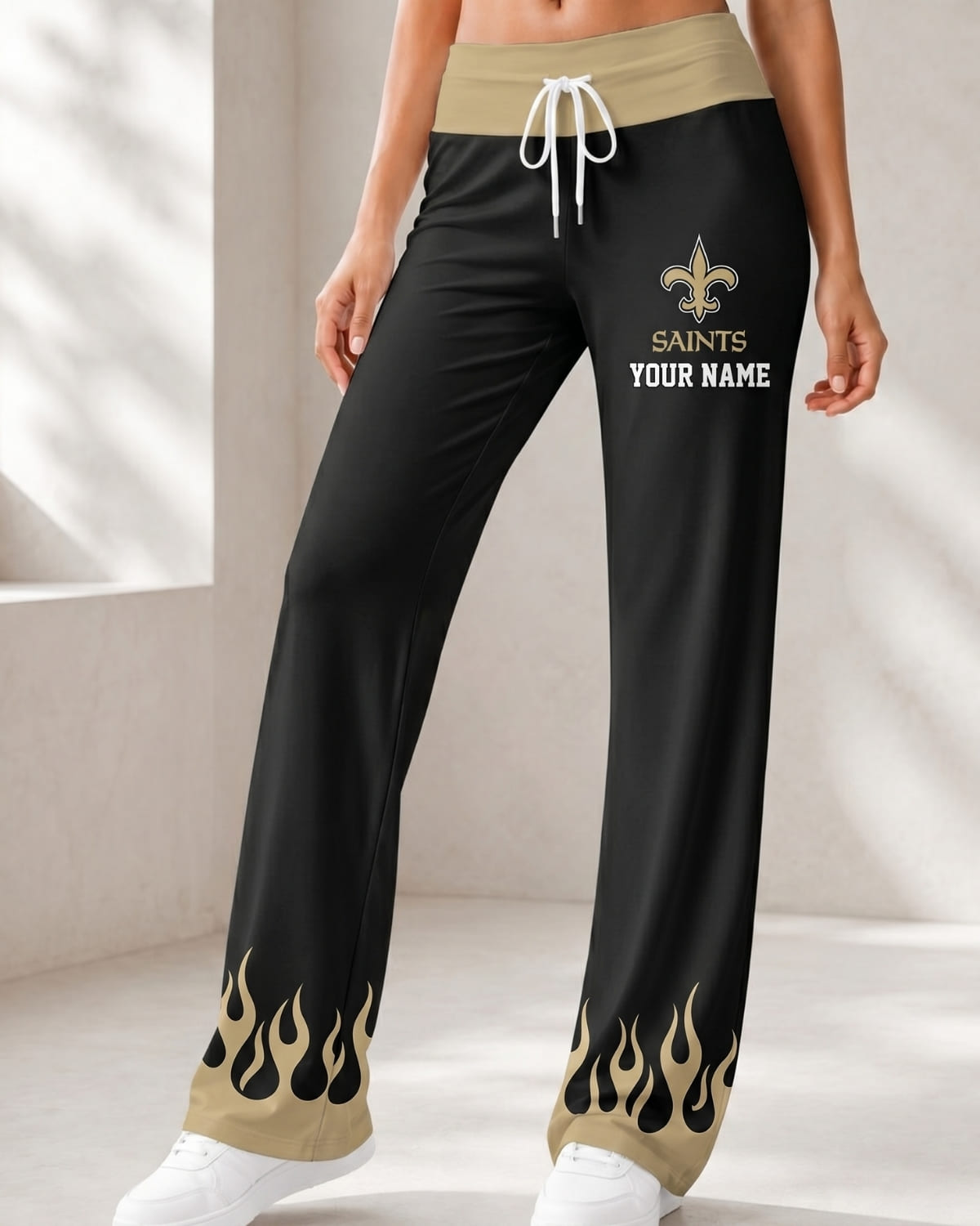 Personalized New Orleans Saints Flame Hem Comfy Women’s Pants – Custom Name | NFL Fan Outfit