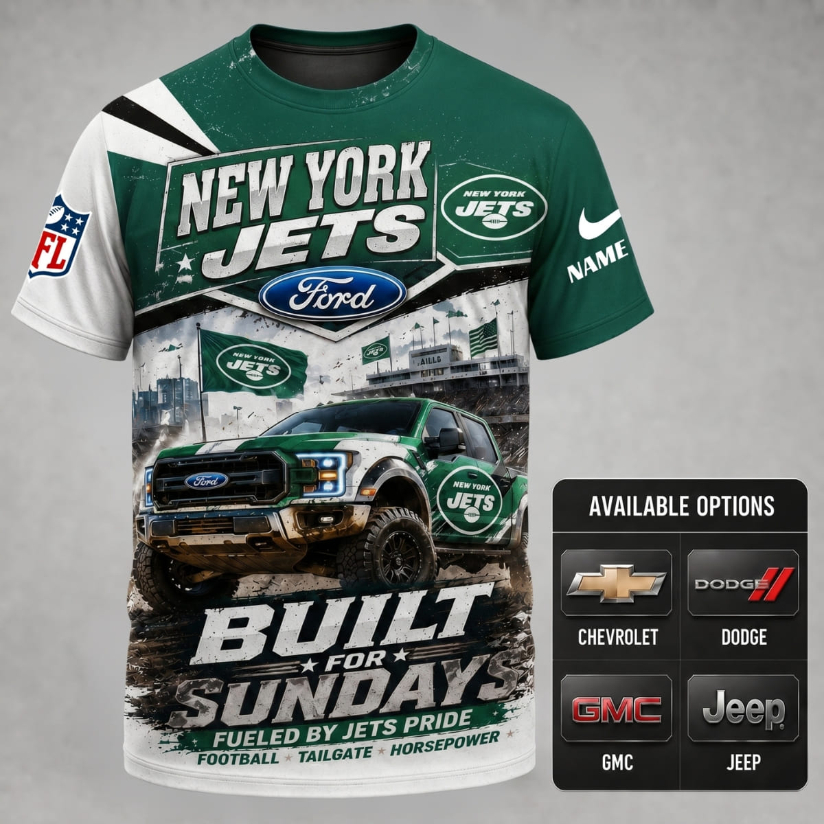 Personalized New York Jets Built for Sundays Unisex T-Shirt – Custom Name & Vehicle | NFL Fan Outfit