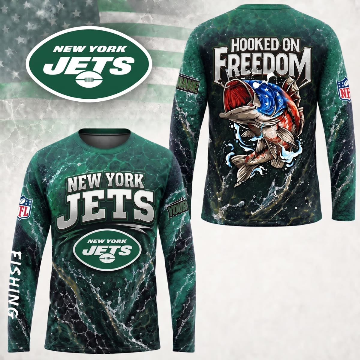 Personalized New York Jets Hooked on Freedom Long Sleeve Shirt – Custom Name | NFL x Fishing