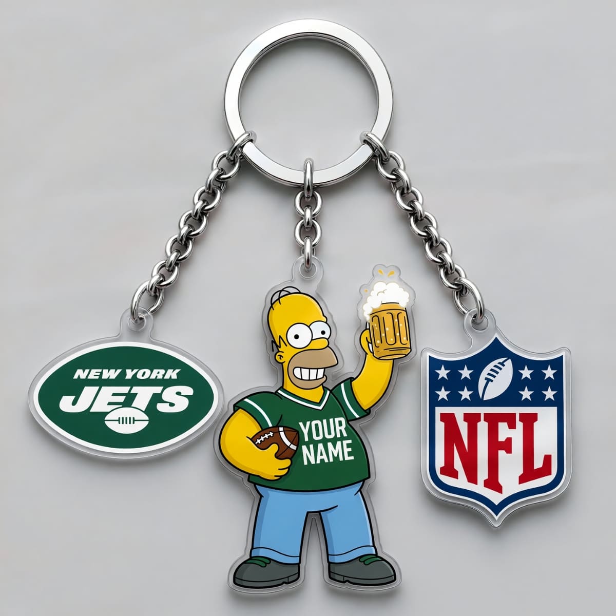 Personalized New York Jets x The Simpsons Triple Charm Keychain – Custom Name | NFL Fan Gift