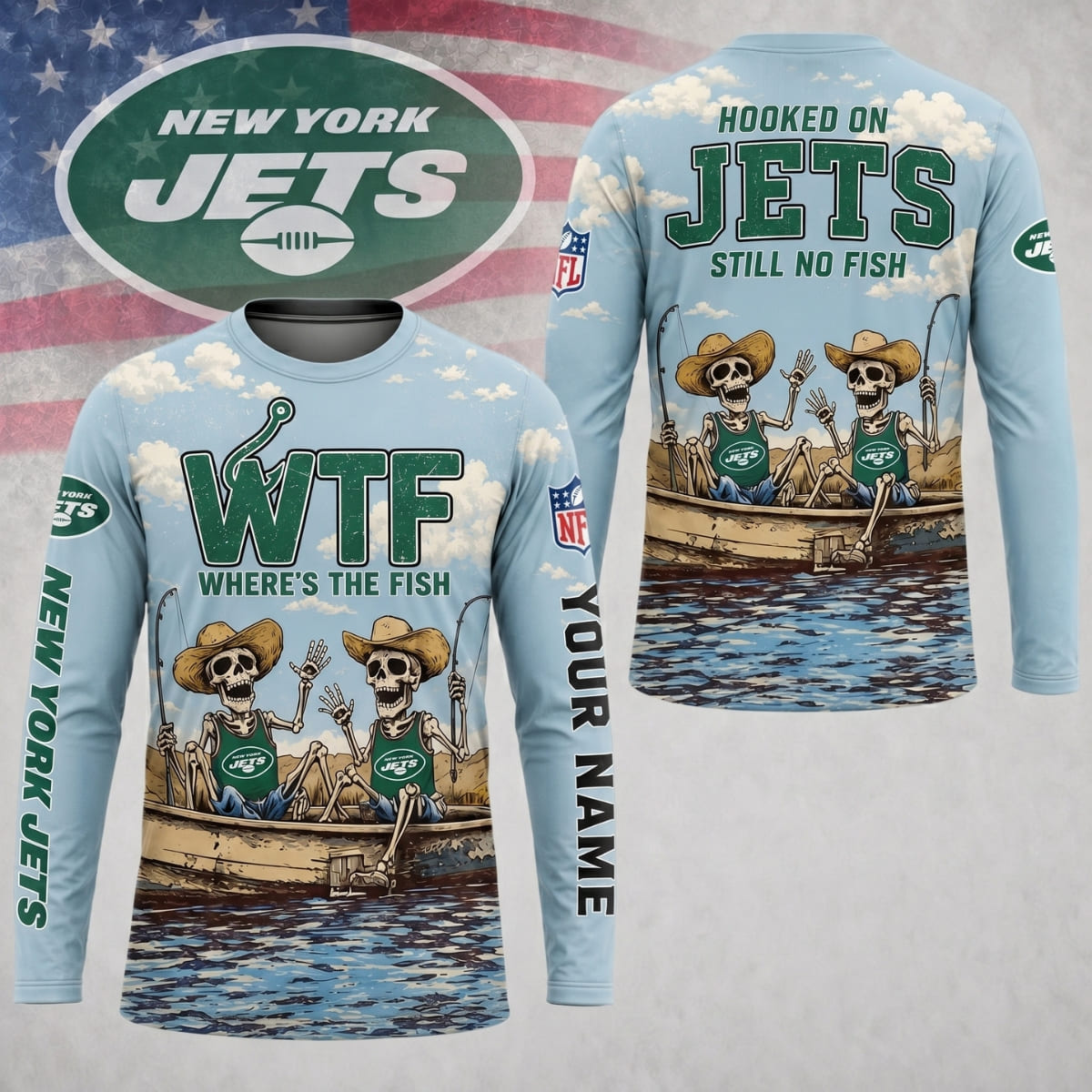 Personalized New York Jets Where’s The Fish Long Sleeve Shirt – Custom Name | NFL x Fishing
