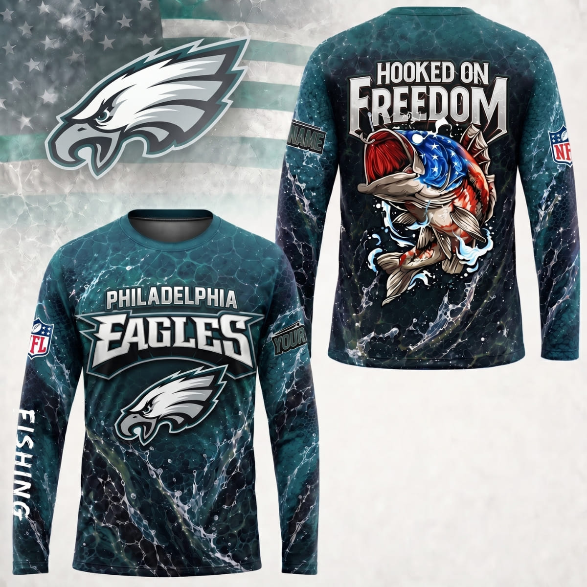 Personalized Philadelphia Eagles Hooked on Freedom Long Sleeve Shirt – Custom Name | NFL x Fishing