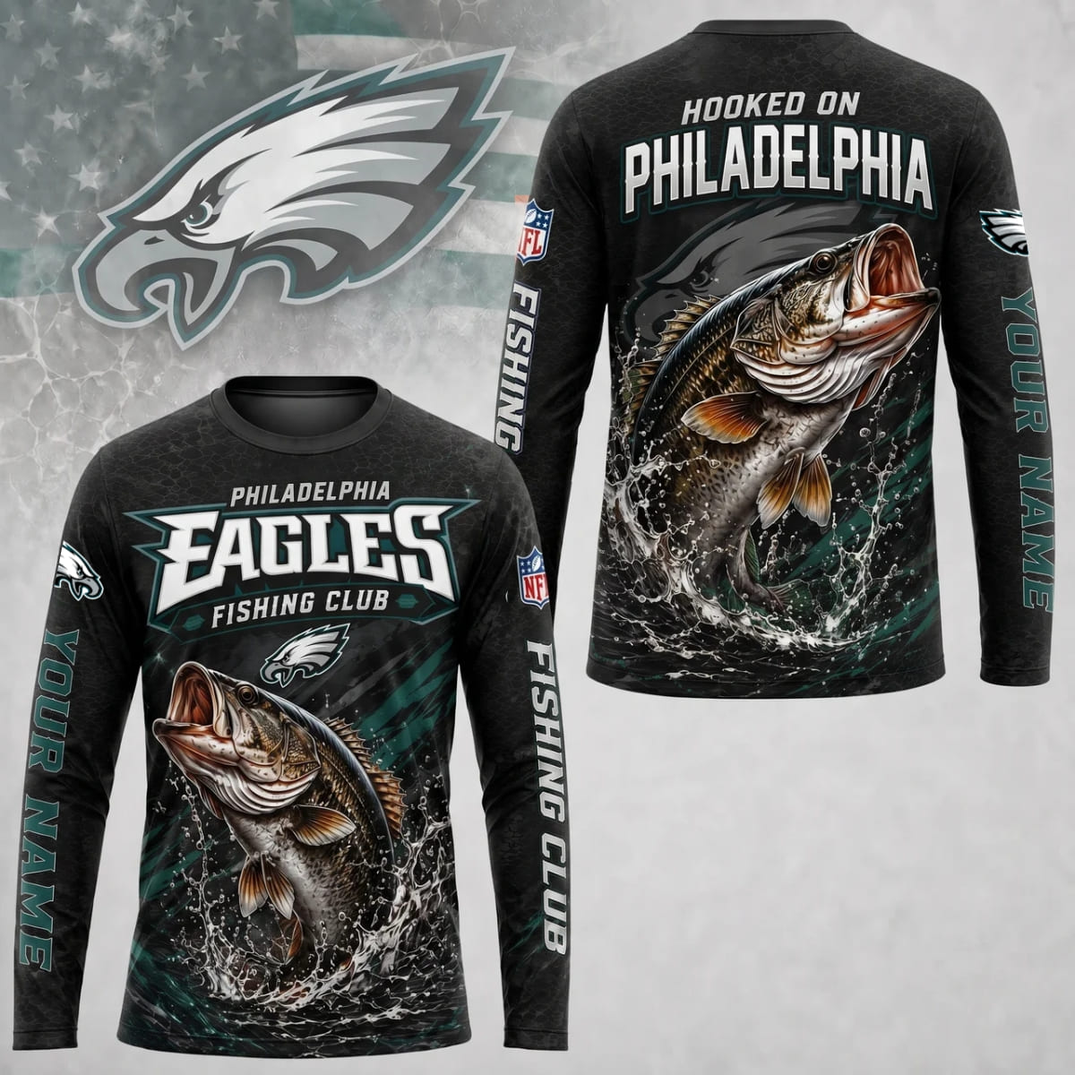 Personalized Philadelphia Eagles Fishing Club Long Sleeve Shirt – Custom Name | NFL x Fishing