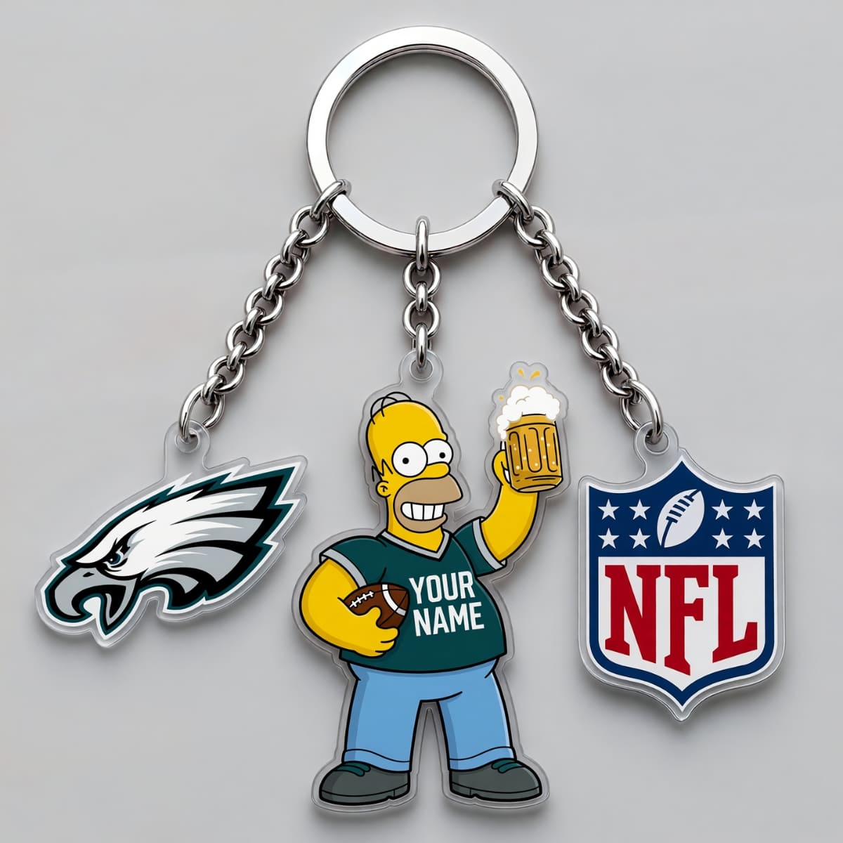 Personalized Philadelphia Eagles x The Simpsons Triple Charm Keychain – Custom Name | NFL Fan Gift