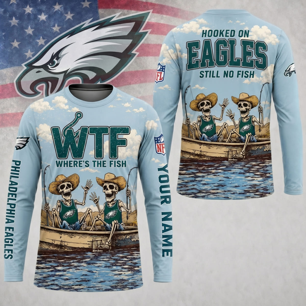 Personalized Philadelphia Eagles Where’s The Fish Long Sleeve Shirt – Custom Name | NFL x Fishing