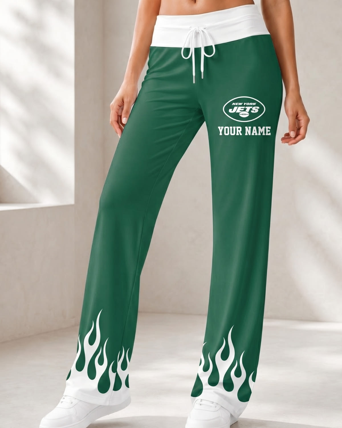 Personalized New York Jets Flame Hem Comfy Women’s Pants – Custom Name | NFL Fan Outfit