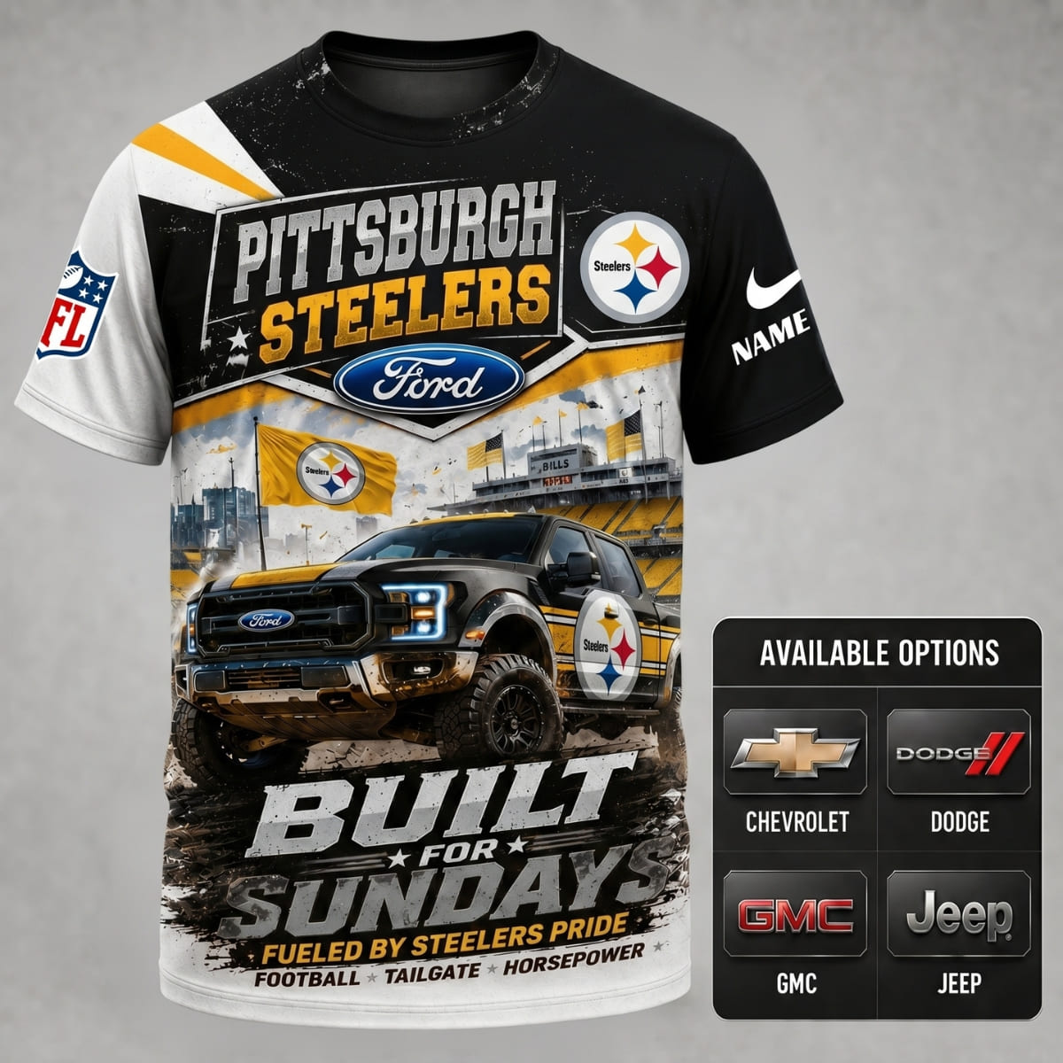 Personalized Pittsburgh Steelers Built for Sundays Unisex T-Shirt – Custom Name & Vehicle | NFL Fan Outfit