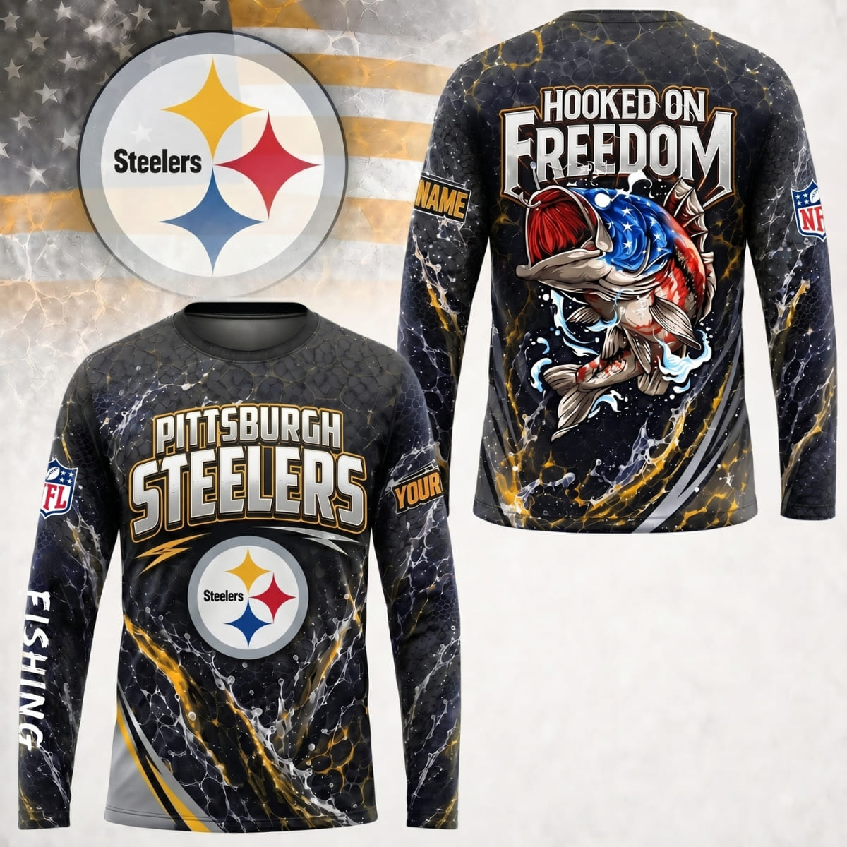 Personalized Pittsburgh Steelers Hooked on Freedom Long Sleeve Shirt – Custom Name | NFL x Fishing