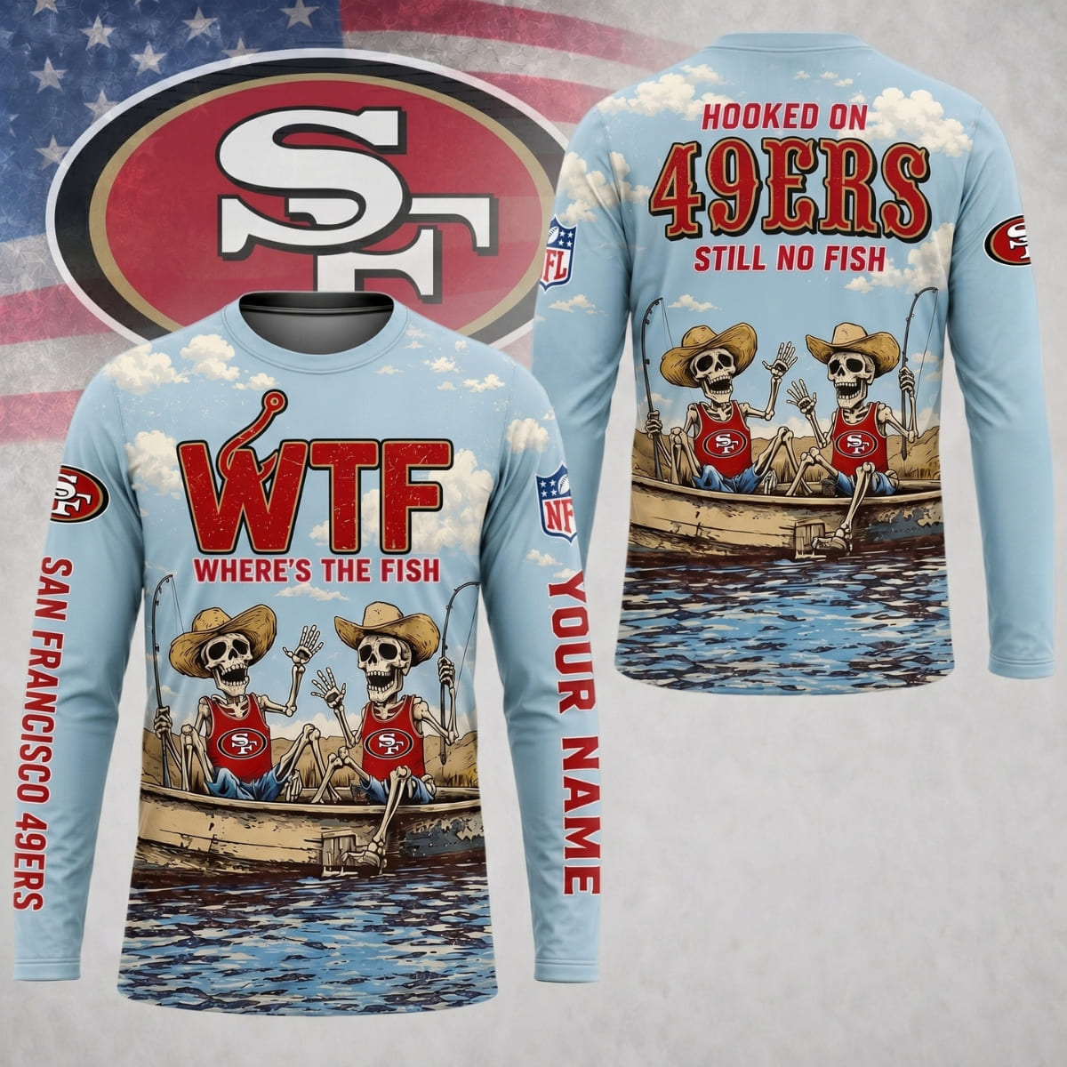 Personalized San Francisco 49ers Where’s The Fish Long Sleeve Shirt – Custom Name | NFL x Fishing