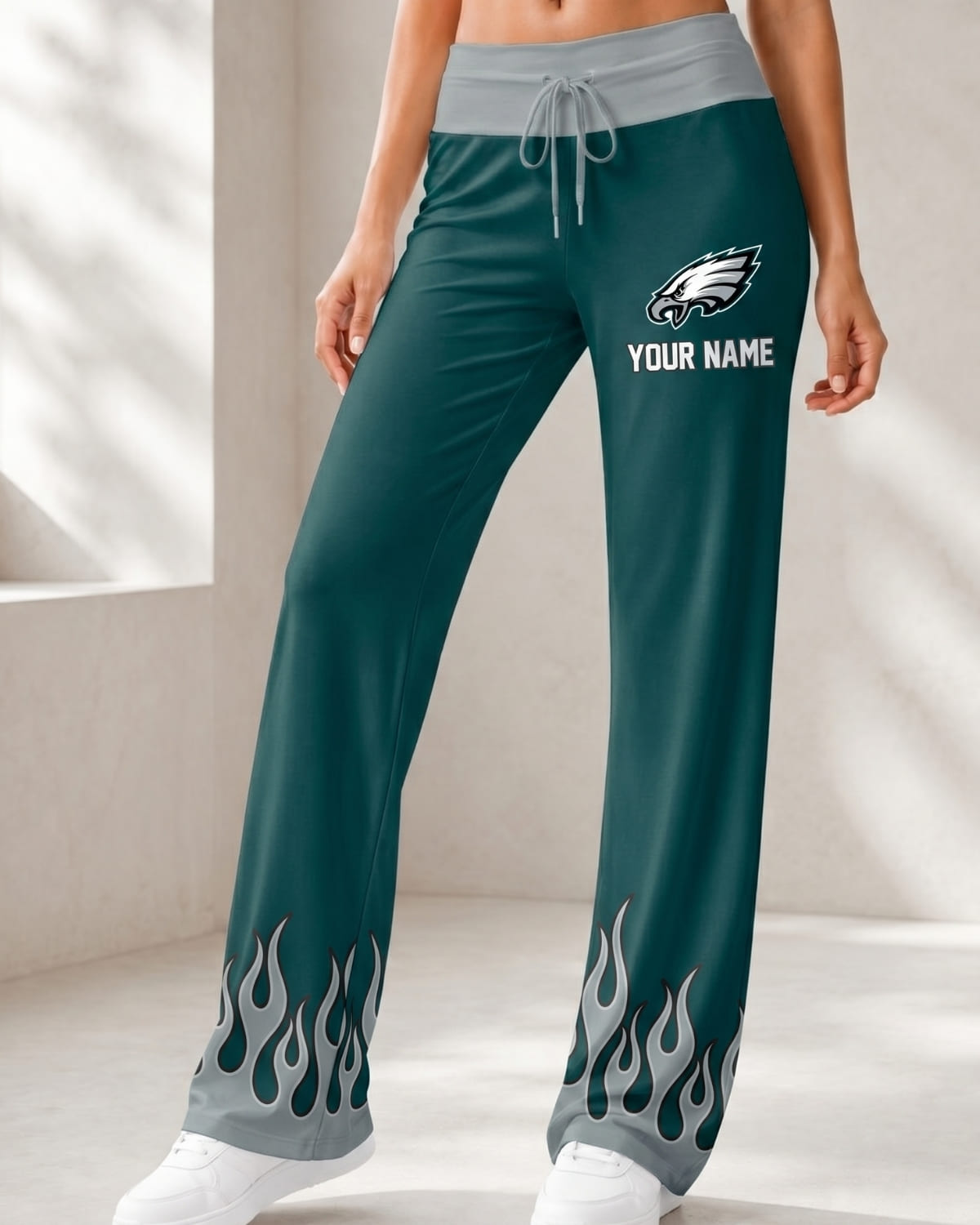 Personalized Philadelphia Eagles Flame Hem Comfy Women’s Pants – Custom Name | NFL Fan Outfit