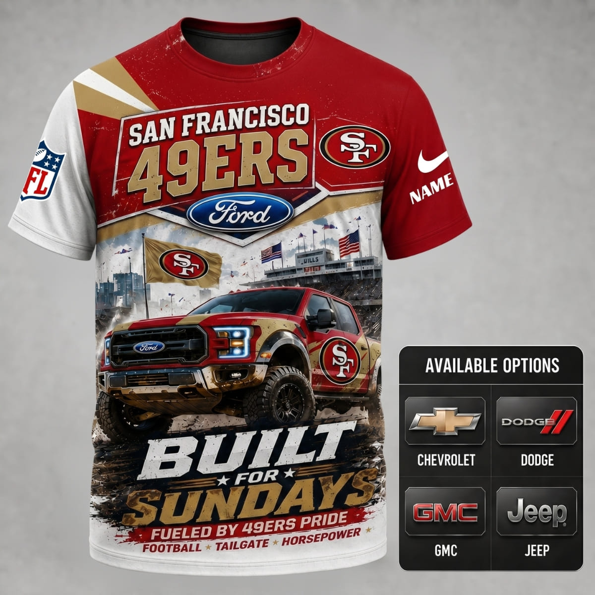 Personalized San Francisco 49ers Built for Sundays Unisex T-Shirt – Custom Name & Vehicle | NFL Fan Outfit