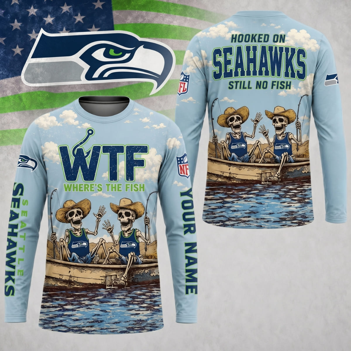 Personalized Seattle Seahawks Where’s The Fish Long Sleeve Shirt – Custom Name | NFL x Fishing