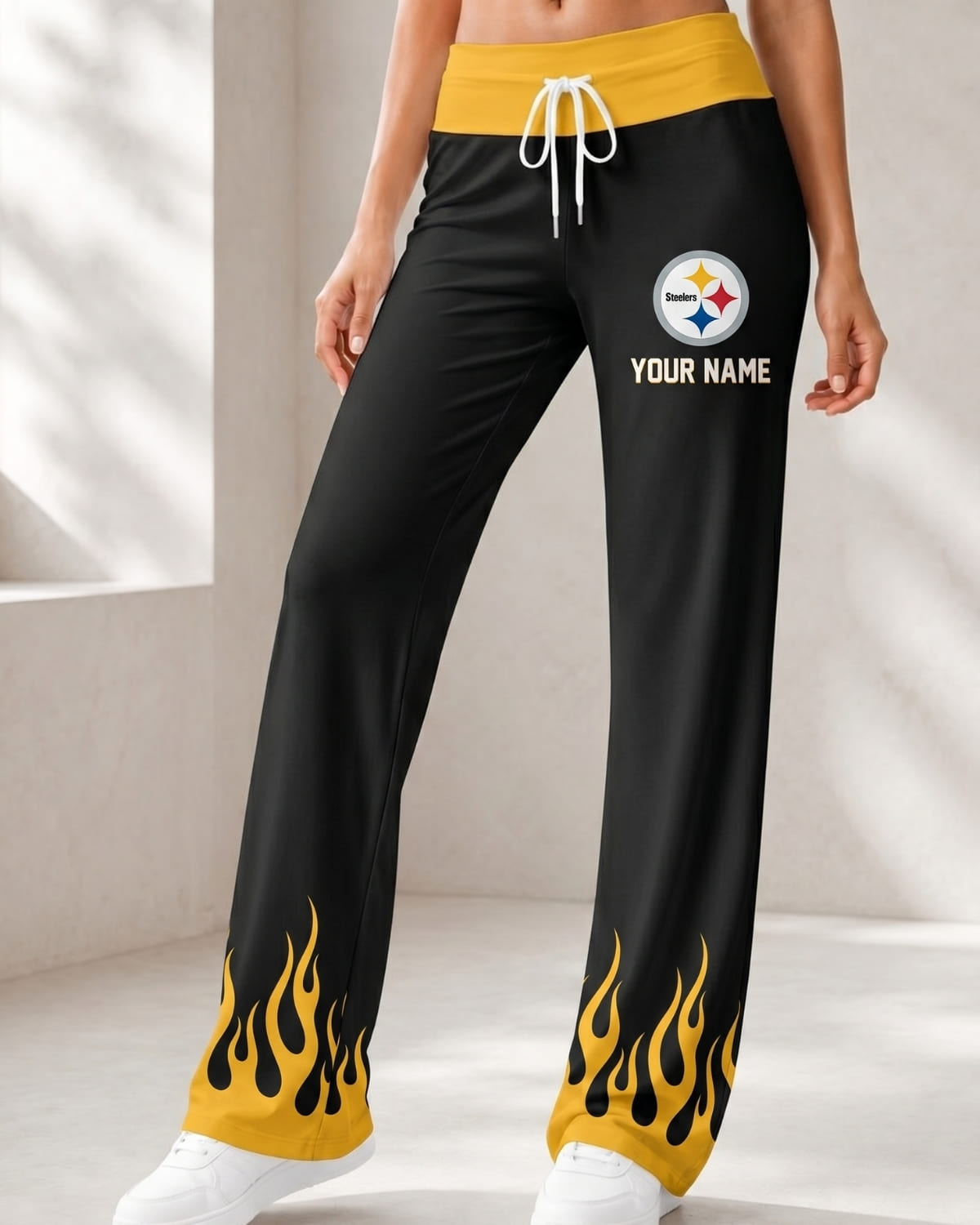 Personalized Pittsburgh Steelers Flame Hem Comfy Women’s Pants – Custom Name | NFL Fan Outfit