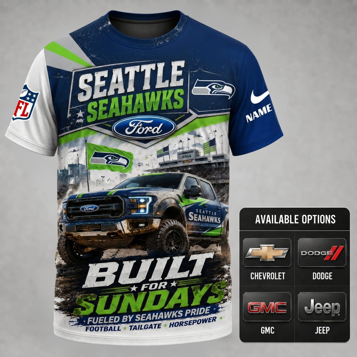 Personalized Seattle Seahawks Built for Sundays Unisex T-Shirt – Custom Name & Vehicle | NFL Fan Outfit
