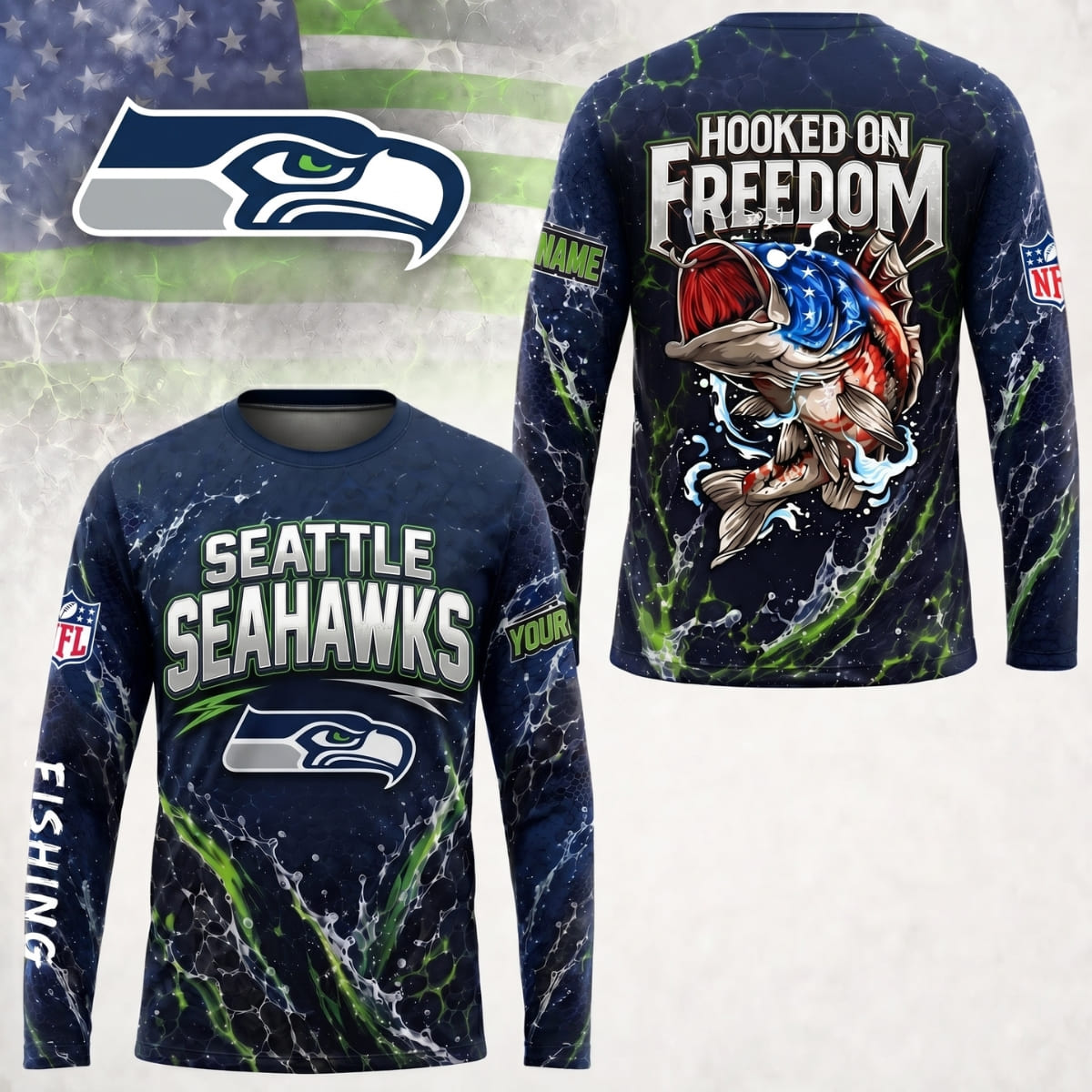 Personalized Seattle Seahawks Hooked on Freedom Long Sleeve Shirt – Custom Name | NFL x Fishing