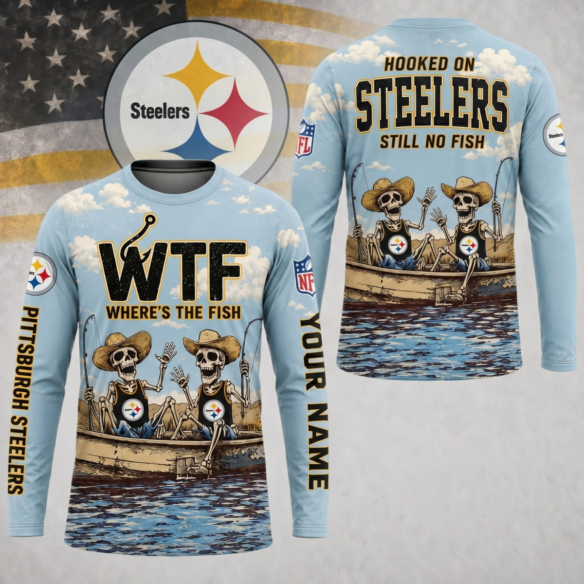 Personalized Pittsburgh Steelers Where’s The Fish Long Sleeve Shirt – Custom Name | NFL x Fishing