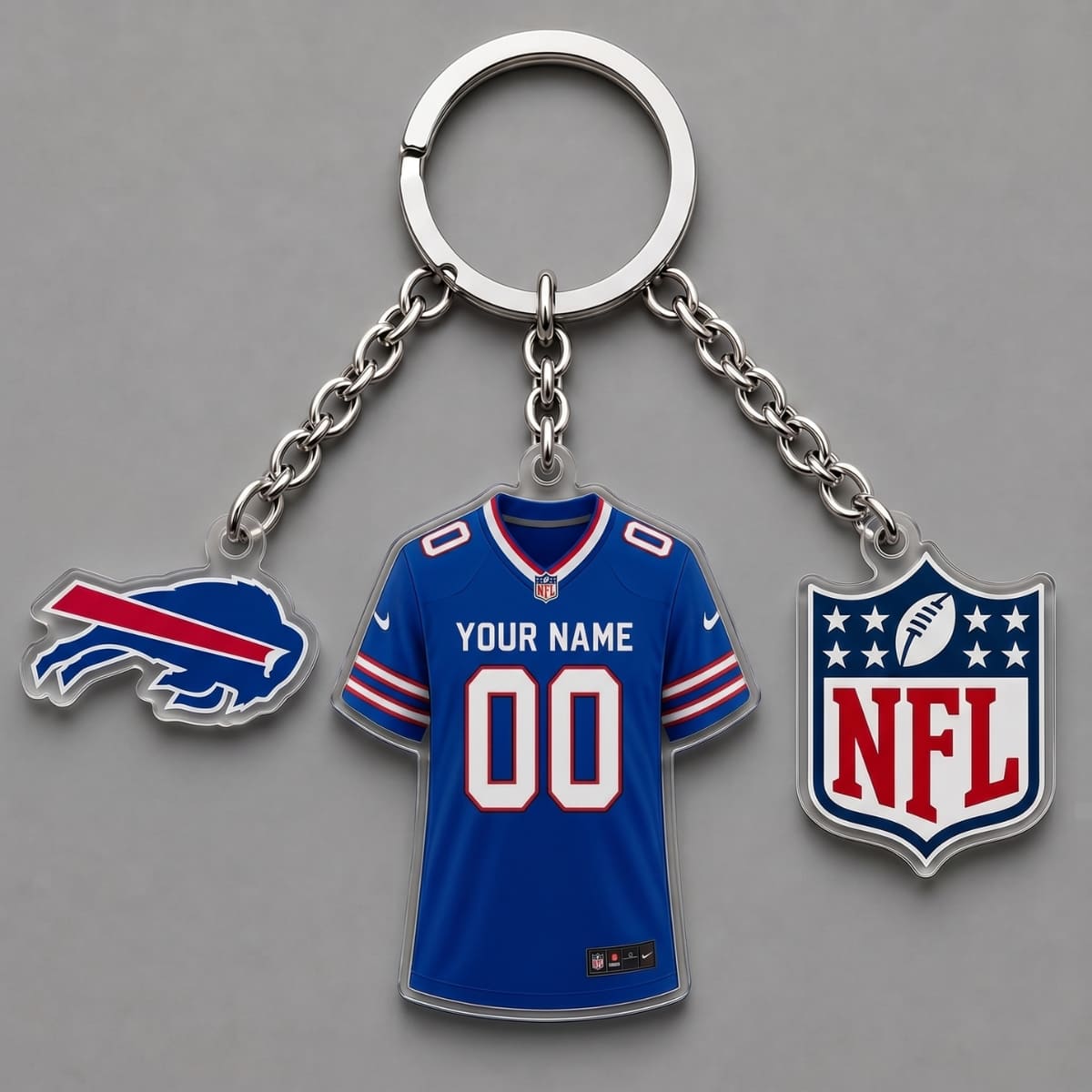 Personalized Buffalo Bills Triple Charm Jersey Keychain – Custom Name & Number | NFL Fan Gift