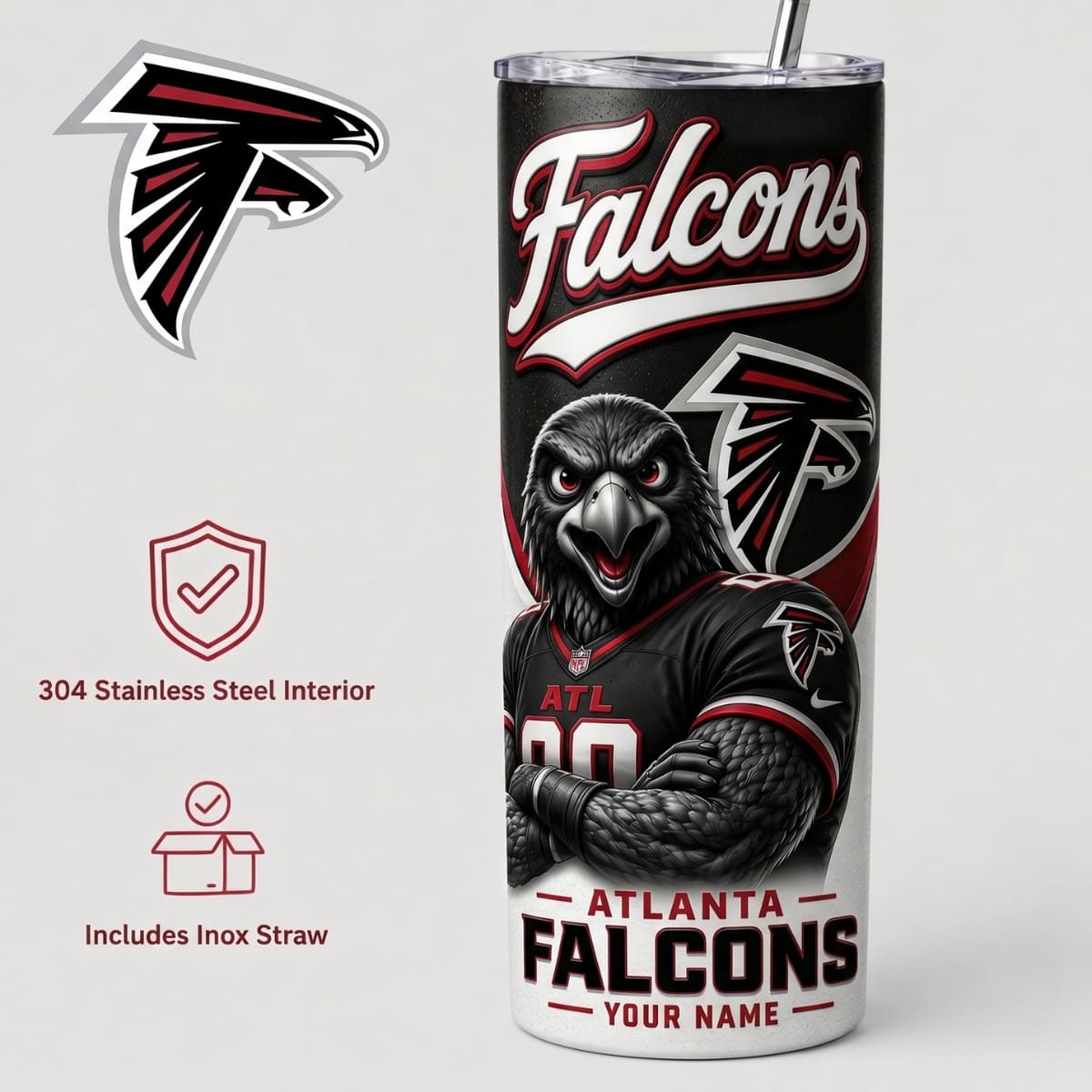 Personalized Atlanta Falcons Game Day Mascot 20oz Straight Tumbler – Custom Name | NFL Fan Gift