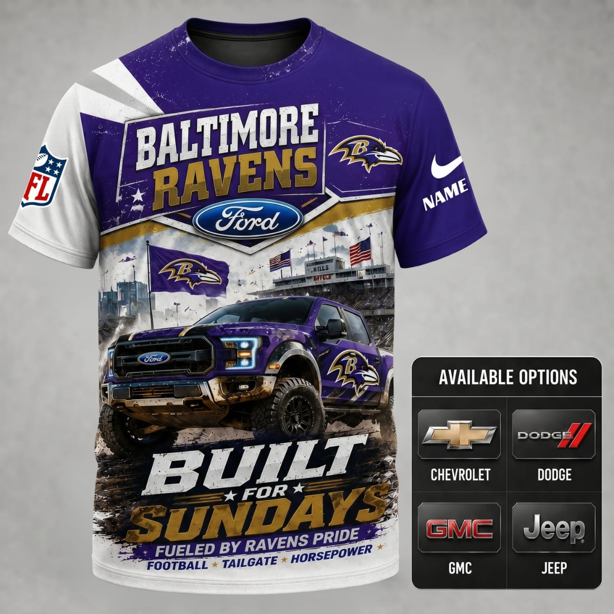 Personalized Baltimore Ravens Built for Sundays Unisex T-Shirt – Custom Name & Vehicle | NFL Fan Outfit
