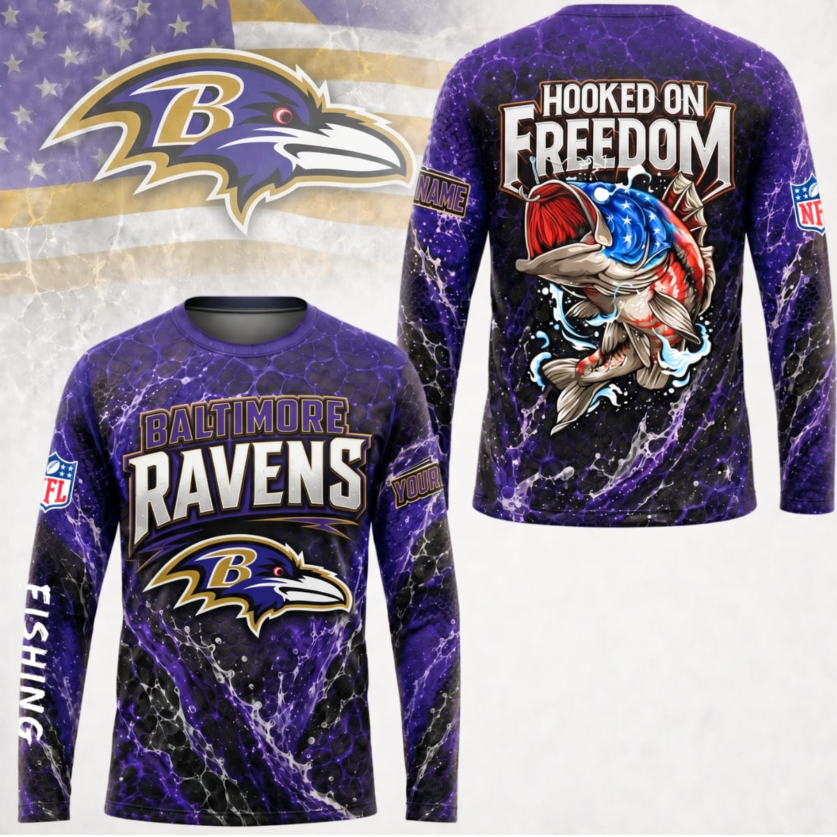 Personalized Baltimore Ravens Hooked on Freedom Long Sleeve Shirt – Custom Name | NFL x Fishing