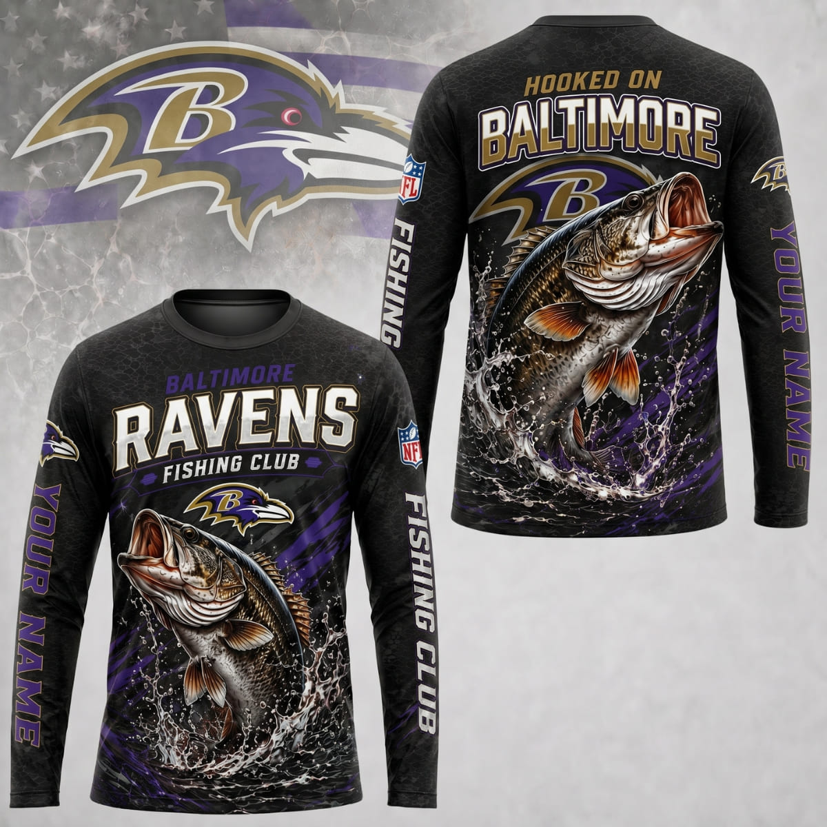 Personalized Baltimore Ravens Fishing Club Long Sleeve Shirt – Custom Name | NFL x Fishing