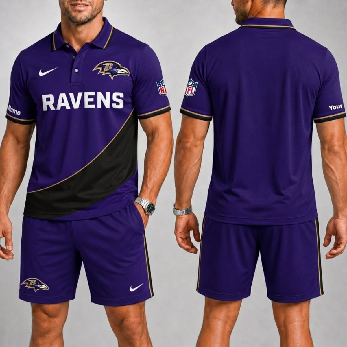 Personalized Baltimore Ravens Sideline Edition Polo Shirt & Shorts Set – Custom Name | NFL Fan Outfit